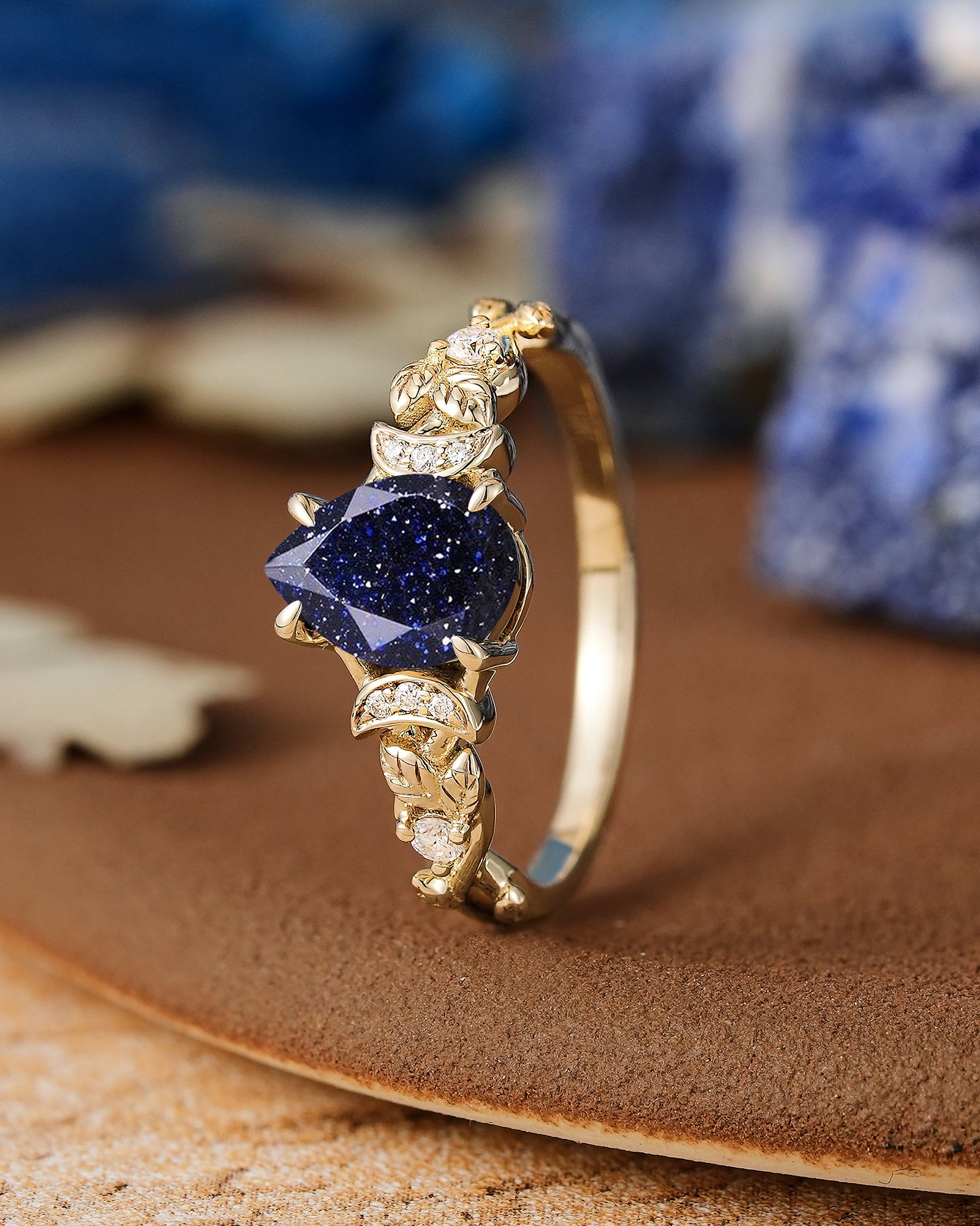 Unique Pear Cut Sandstone Leaf & Moon Design Engagement Ring - LCCjewelry