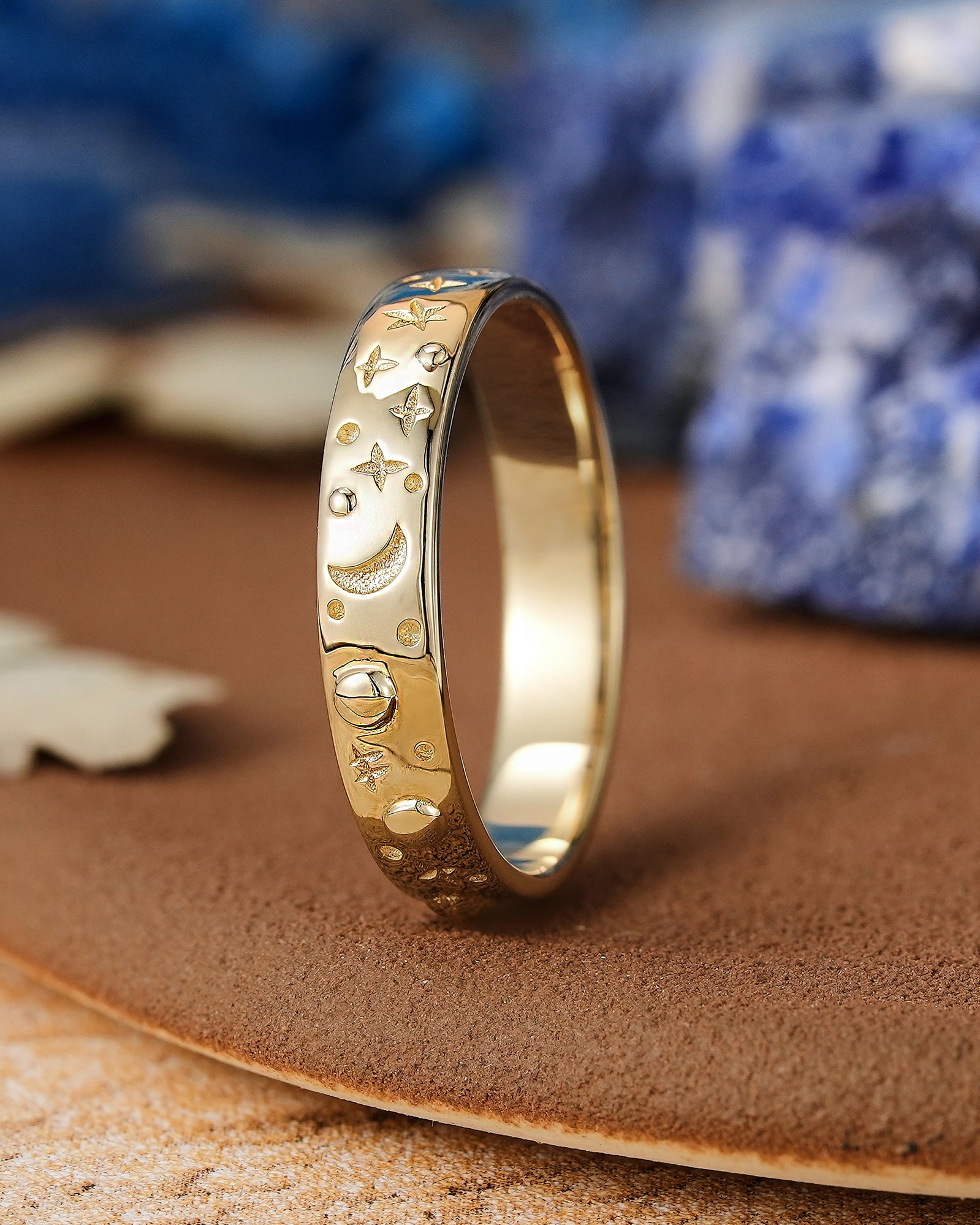 Romantic Celestial rings Star Design Yellow Gold Wedding Band - LCCjewelry