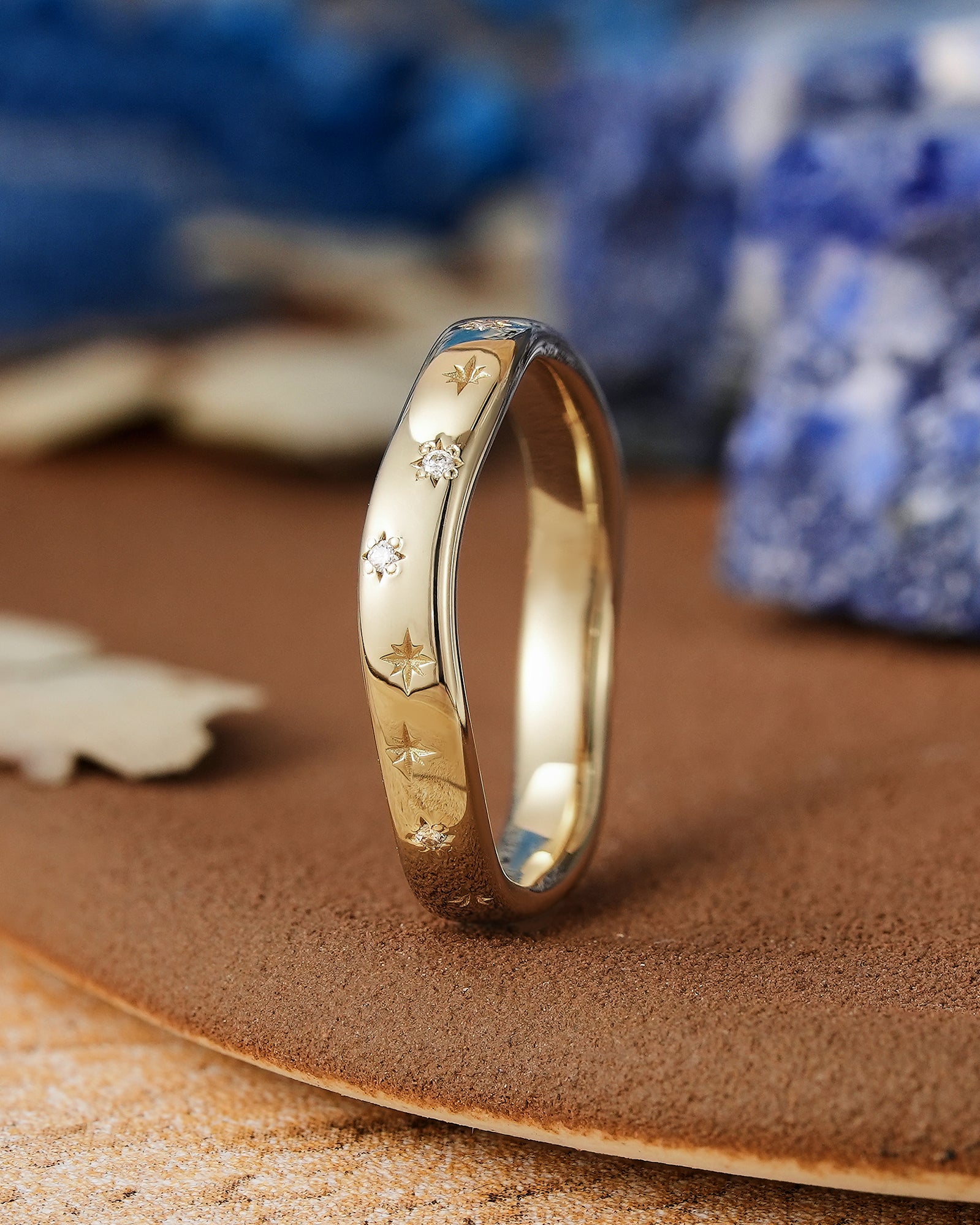 Delicate Yellow Gold Starburst Wedding Band with Moissanite - LCCjewelry