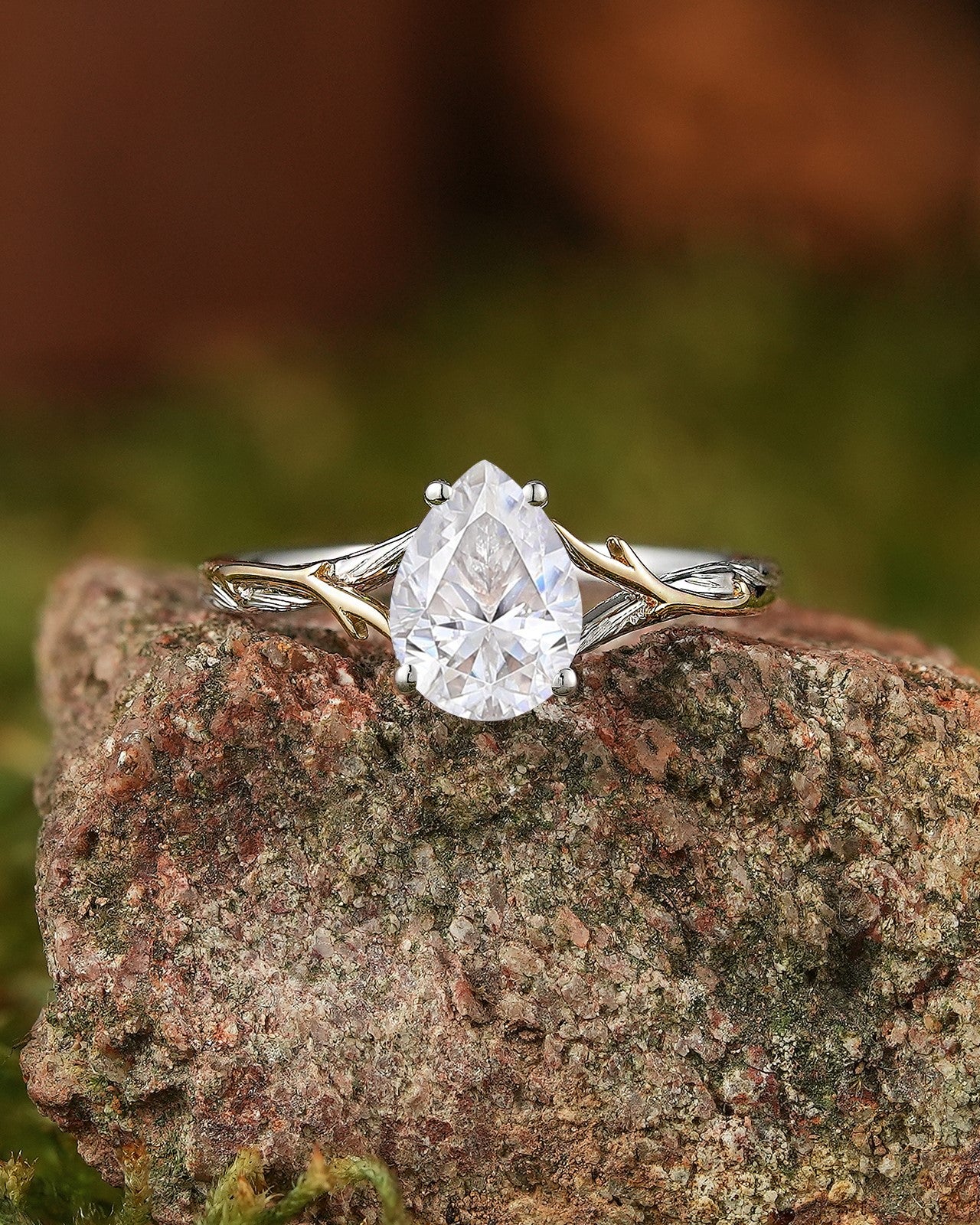 Pear Cut Branch & Bark Engagement Ring - Two Tone Design - LCCjewelry