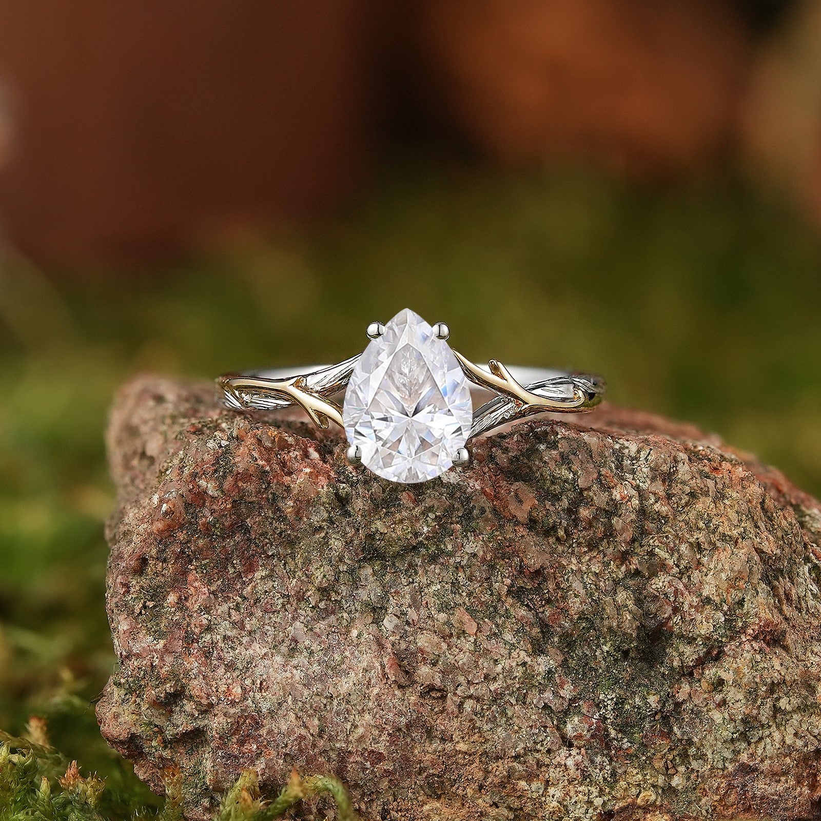 Pear Cut Branch & Bark Engagement Ring - Two Tone Design - LCCjewelry