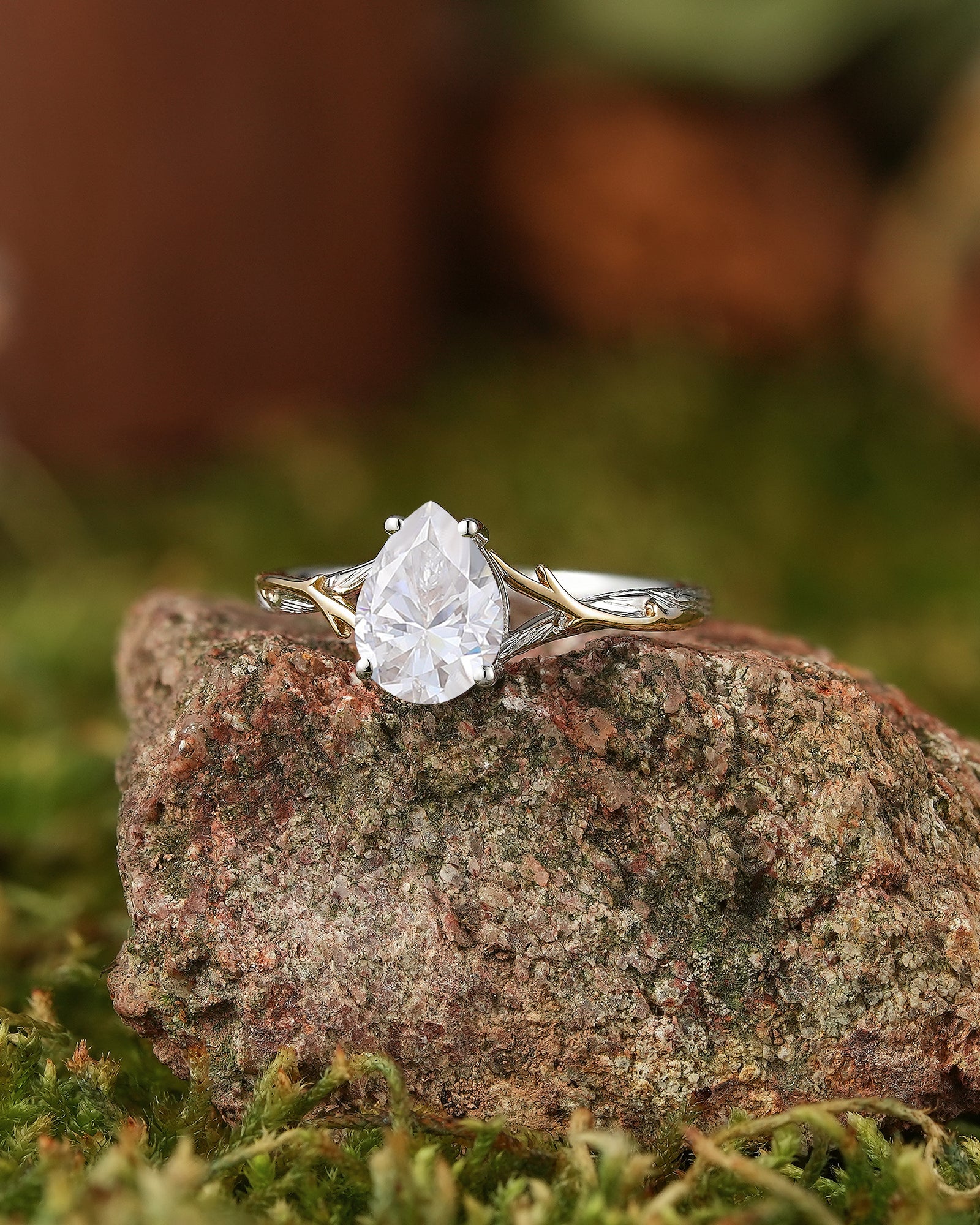 Pear Cut Branch & Bark Engagement Ring - Two Tone Design - LCCjewelry