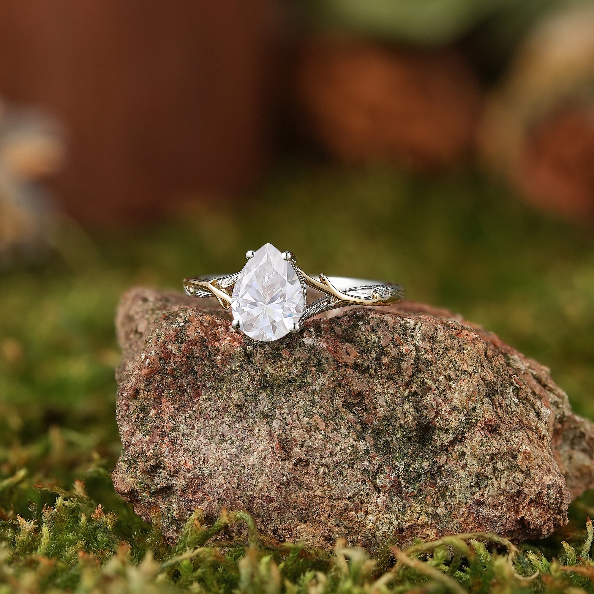 Pear Cut Branch & Bark Engagement Ring - Two Tone Design - LCCjewelry