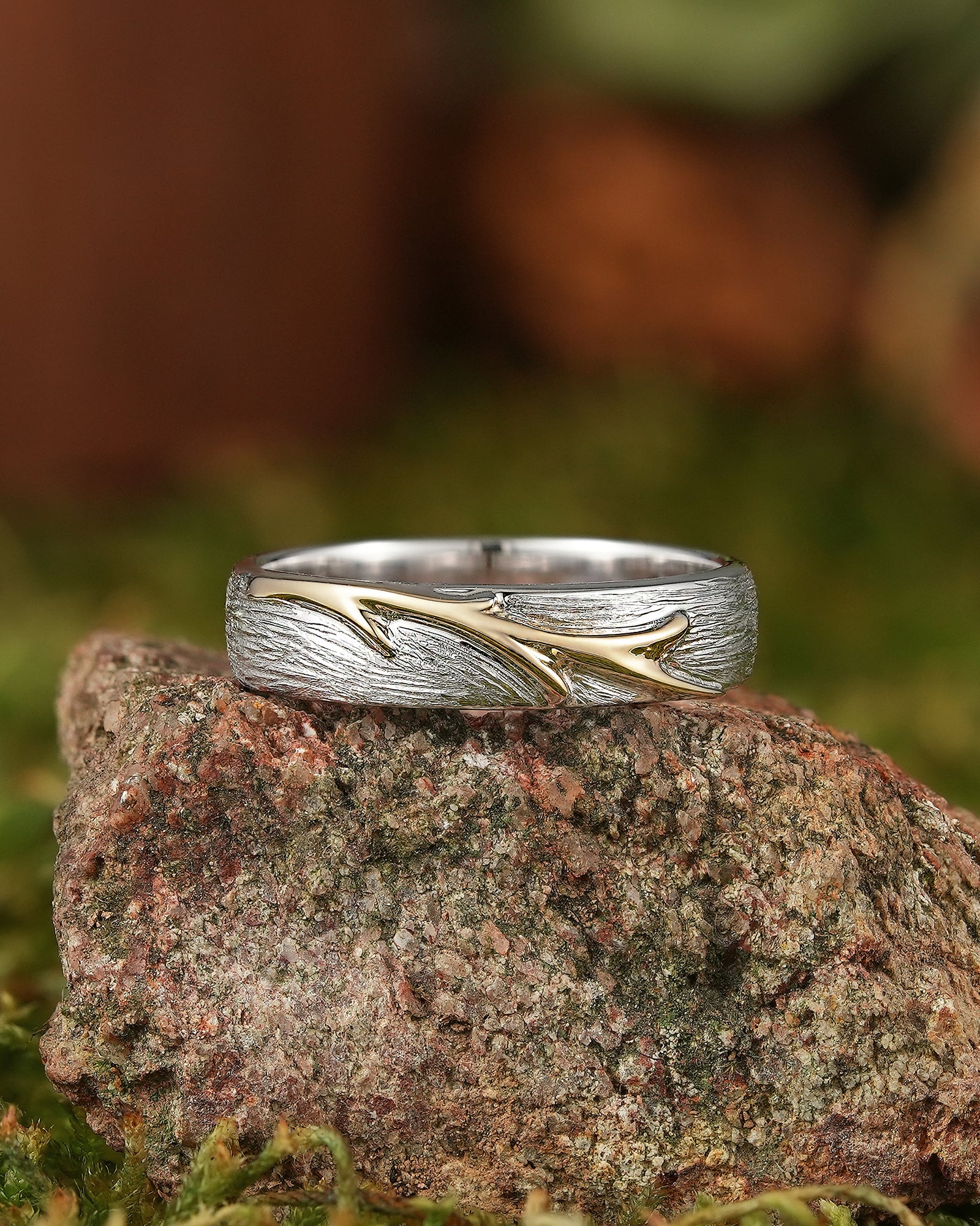 White Gold Rustic Wood Grain Wedding Band with Yellow Gold Vine Detail - LCCjewelry