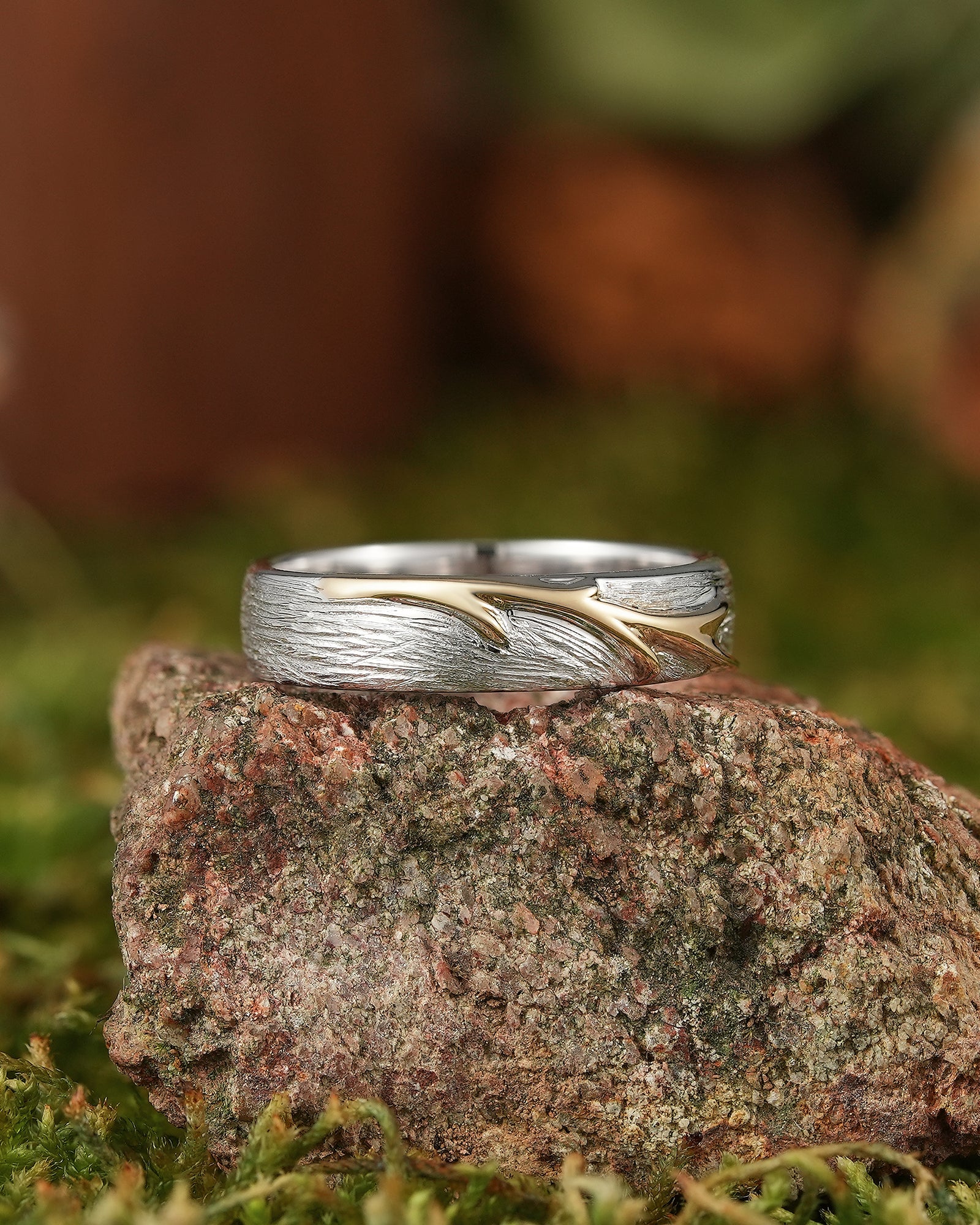 White Gold Rustic Wood Grain Wedding Band with Yellow Gold Vine Detail - LCCjewelry