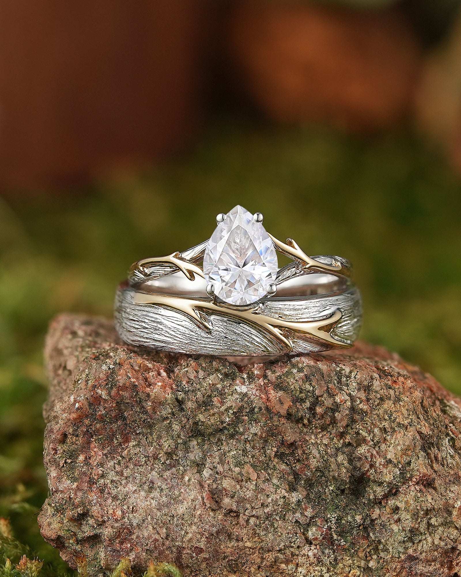Unique Forest Wedding Ring Set - Yellow Gold Vine on White Gold Bark - LCCjewelry