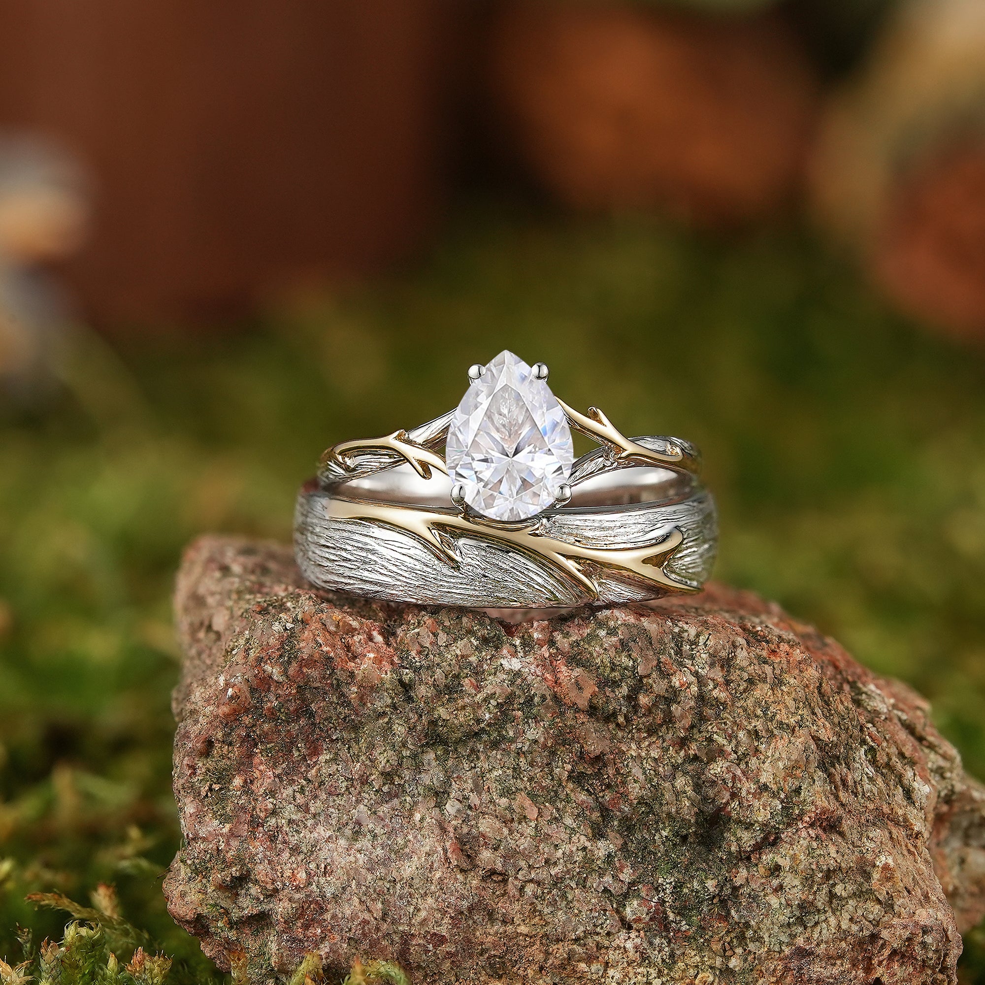 Unique Forest Wedding Ring Set - Yellow Gold Vine on White Gold Bark - LCCjewelry