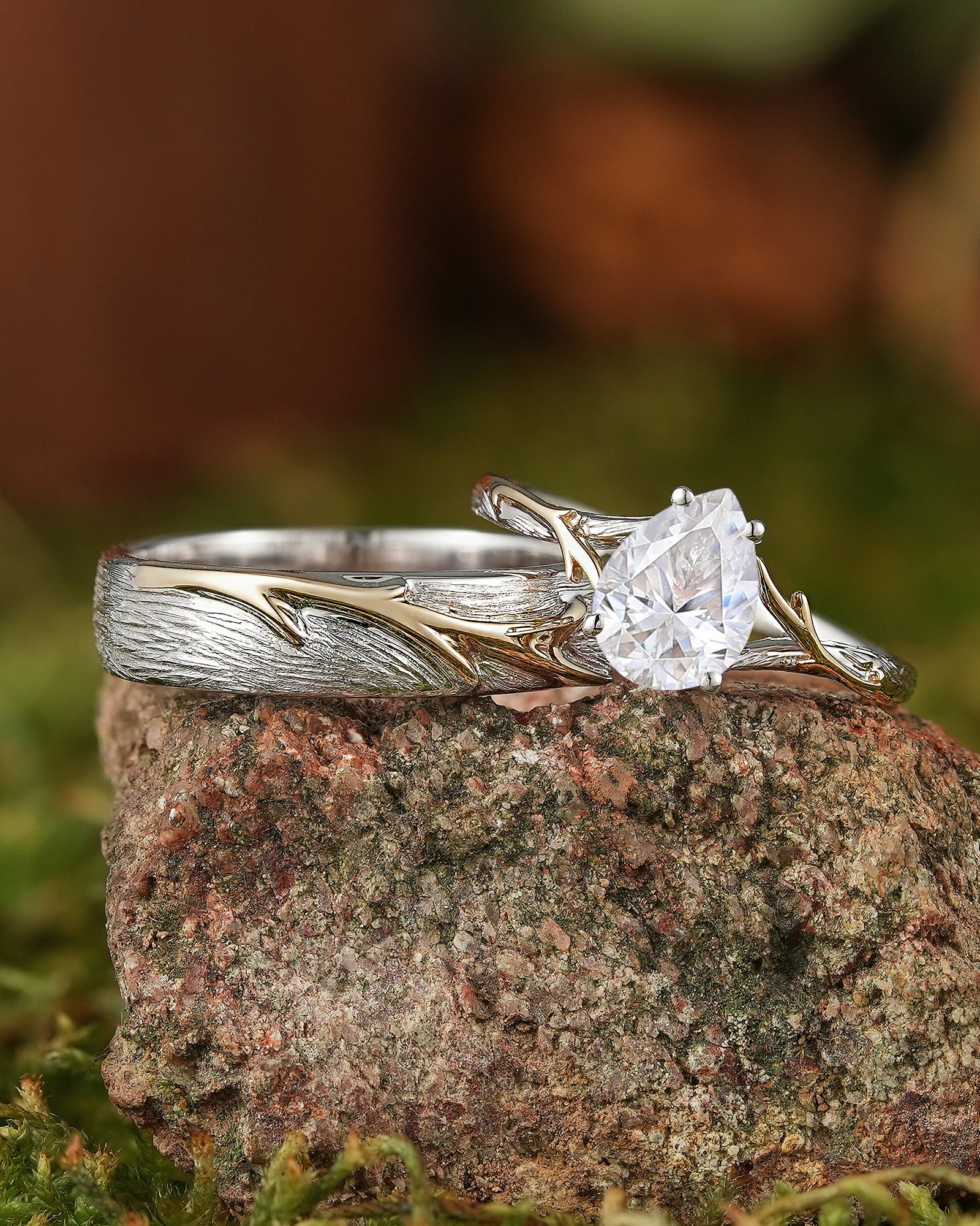 Unique Forest Wedding Ring Set - Yellow Gold Vine on White Gold Bark - LCCjewelry