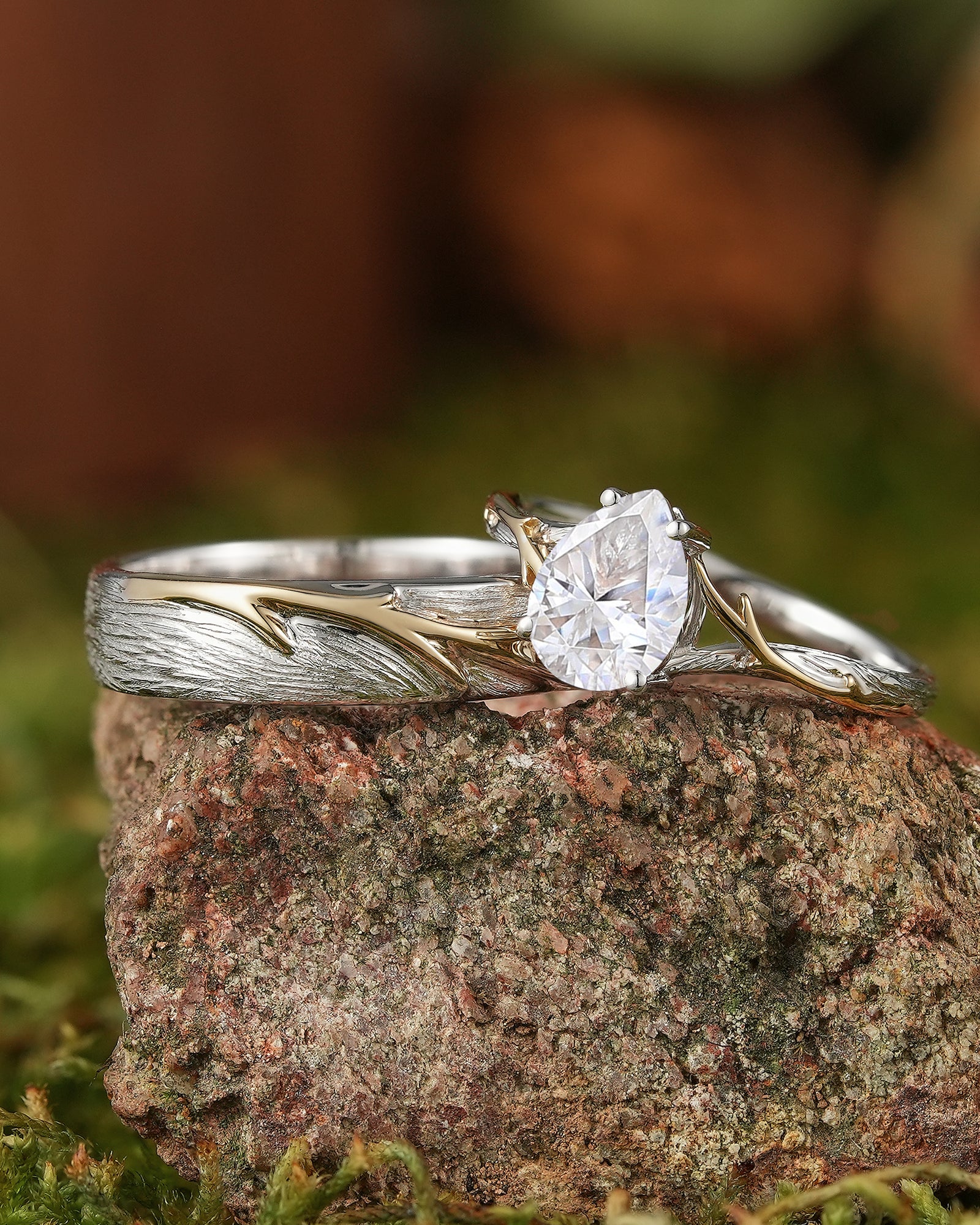 Unique Forest Wedding Ring Set - Yellow Gold Vine on White Gold Bark - LCCjewelry