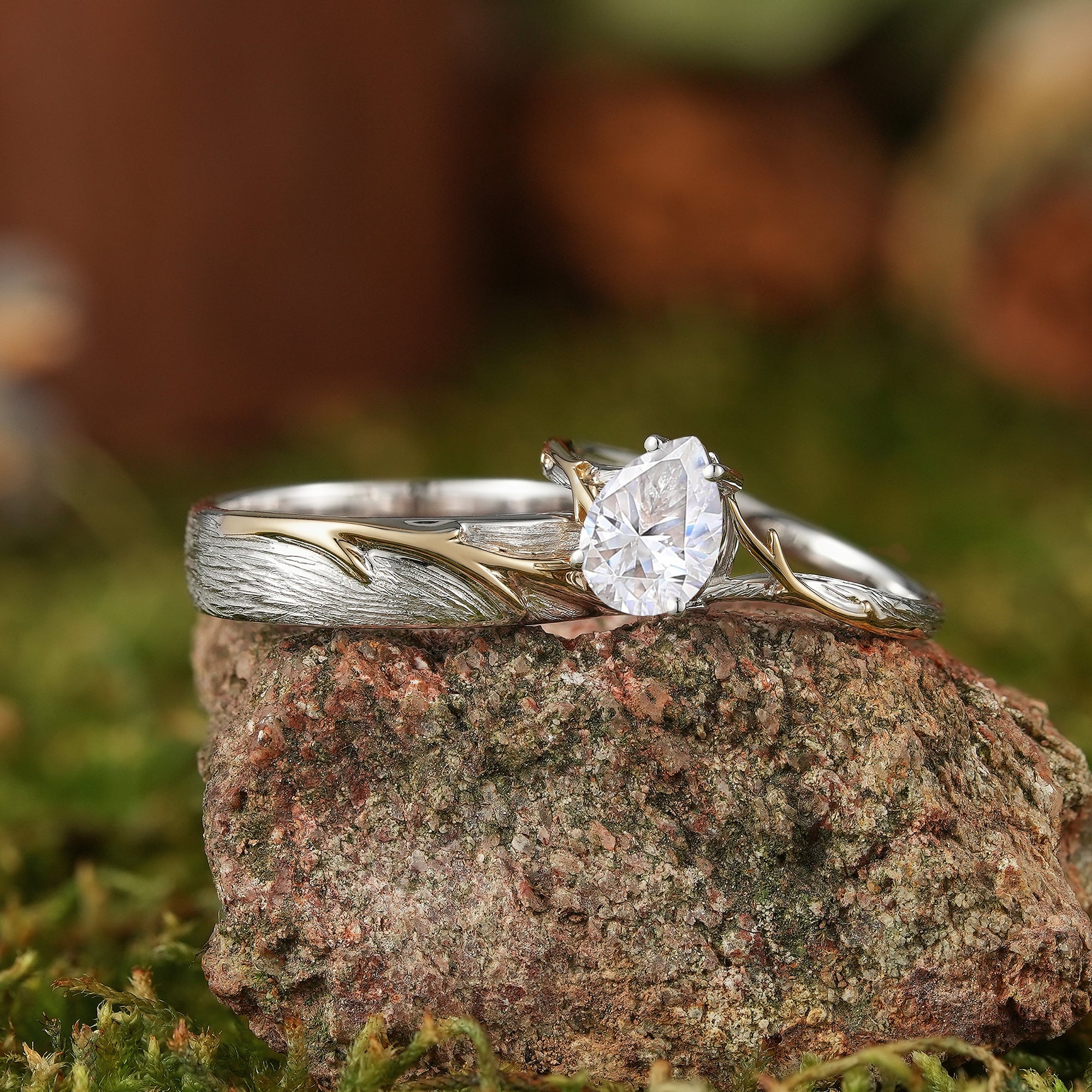 Unique Forest Wedding Ring Set - Yellow Gold Vine on White Gold Bark - LCCjewelry
