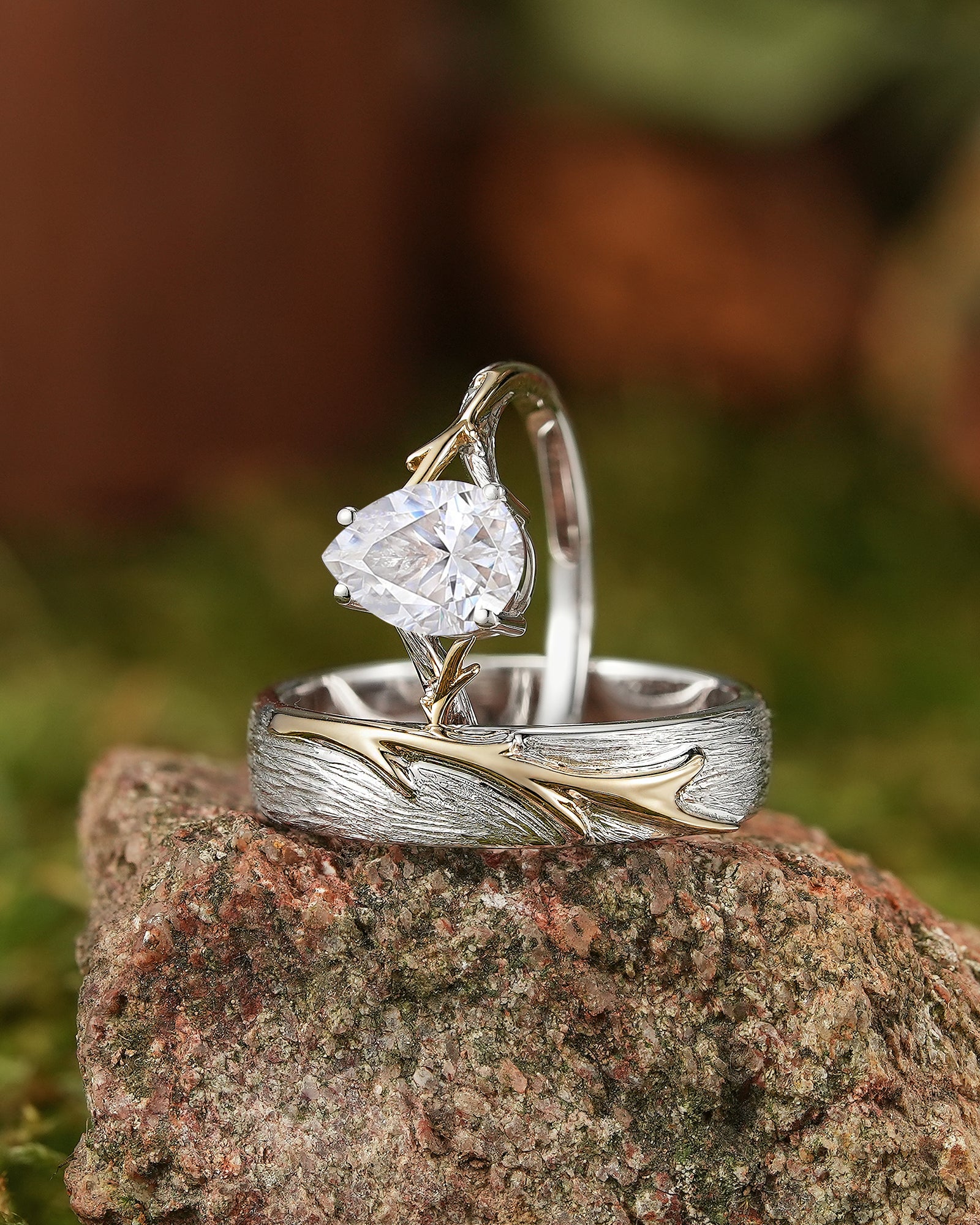 Unique Forest Wedding Ring Set - Yellow Gold Vine on White Gold Bark - LCCjewelry