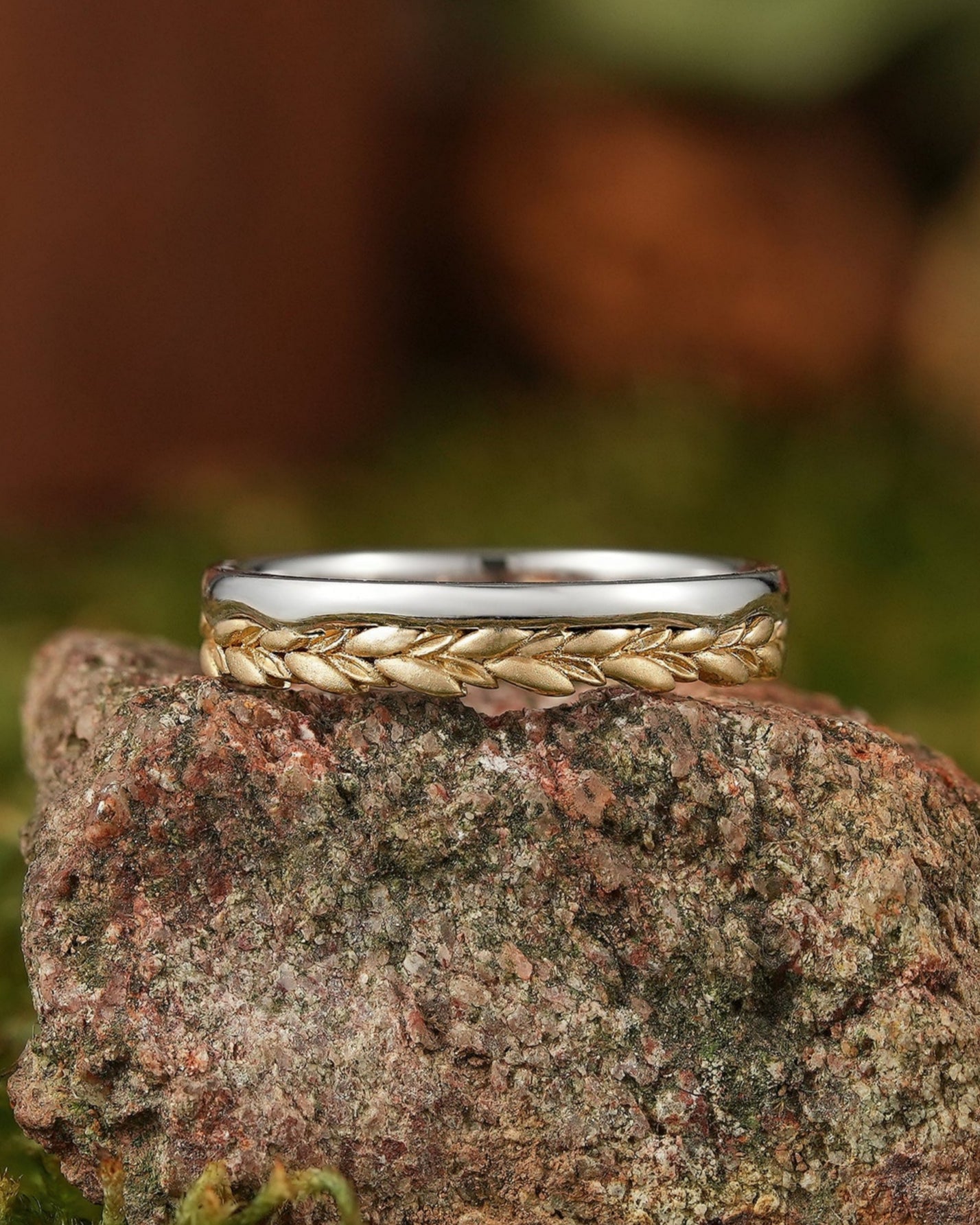 LCCjewelry | Nature Inspired Wheat Leaf Wedding Band - Unique Two Tone Design - LCCjewelry