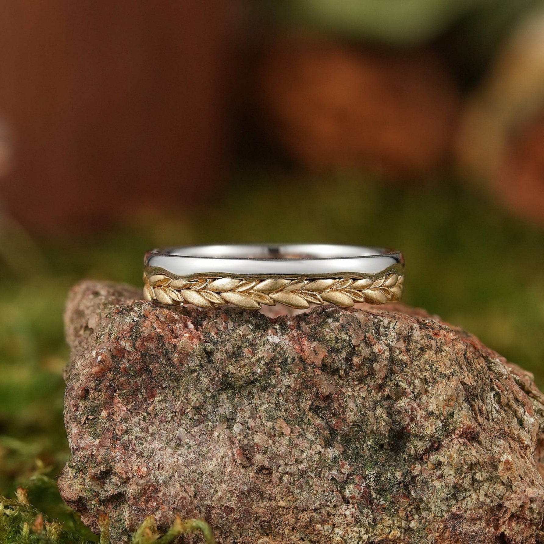 LCCjewelry | Nature Inspired Wheat Leaf Wedding Band - Unique Two Tone Design - LCCjewelry