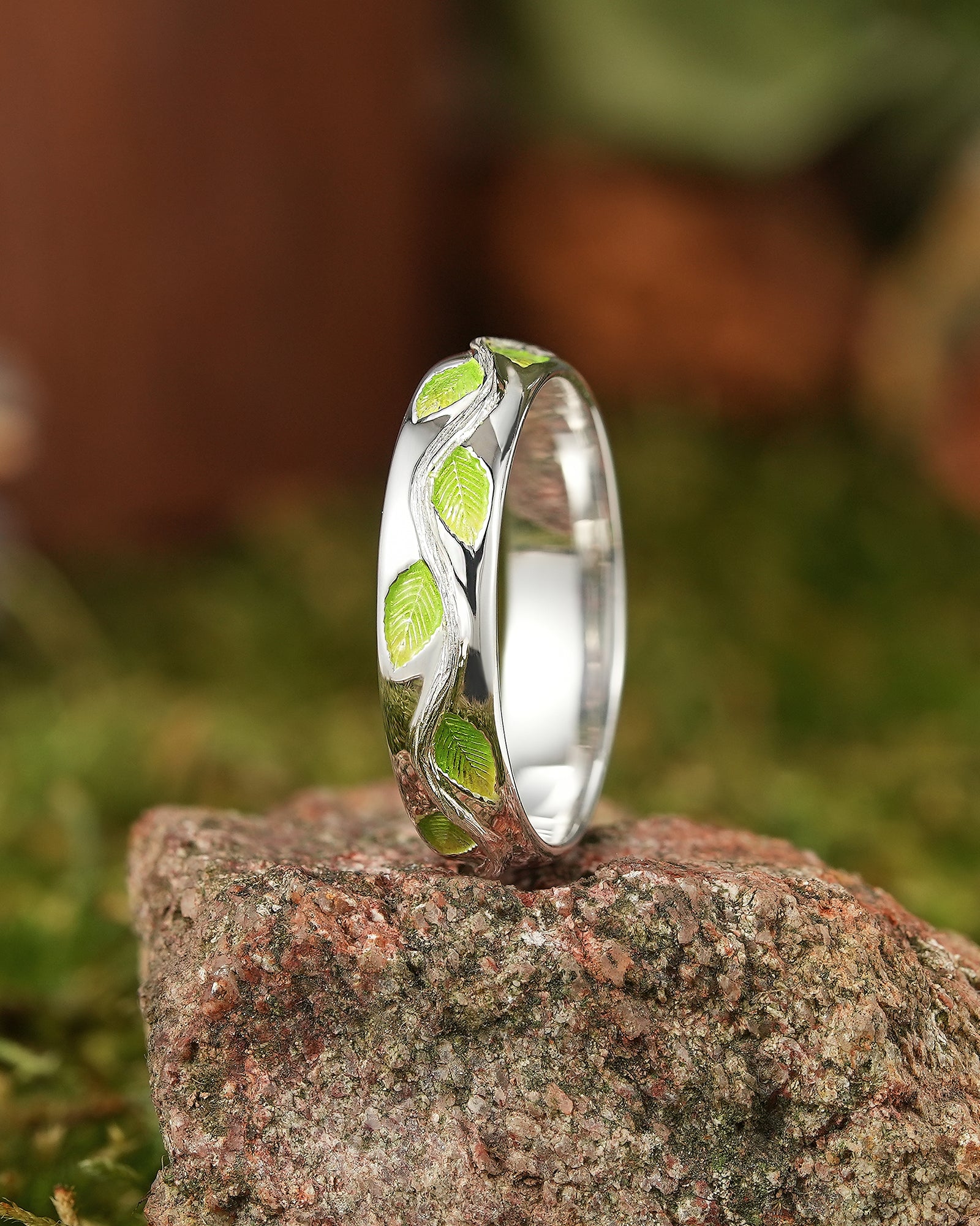 LCCjewelry | Nature Inspired Green Leaf Enamel Wedding Band - LCCjewelry