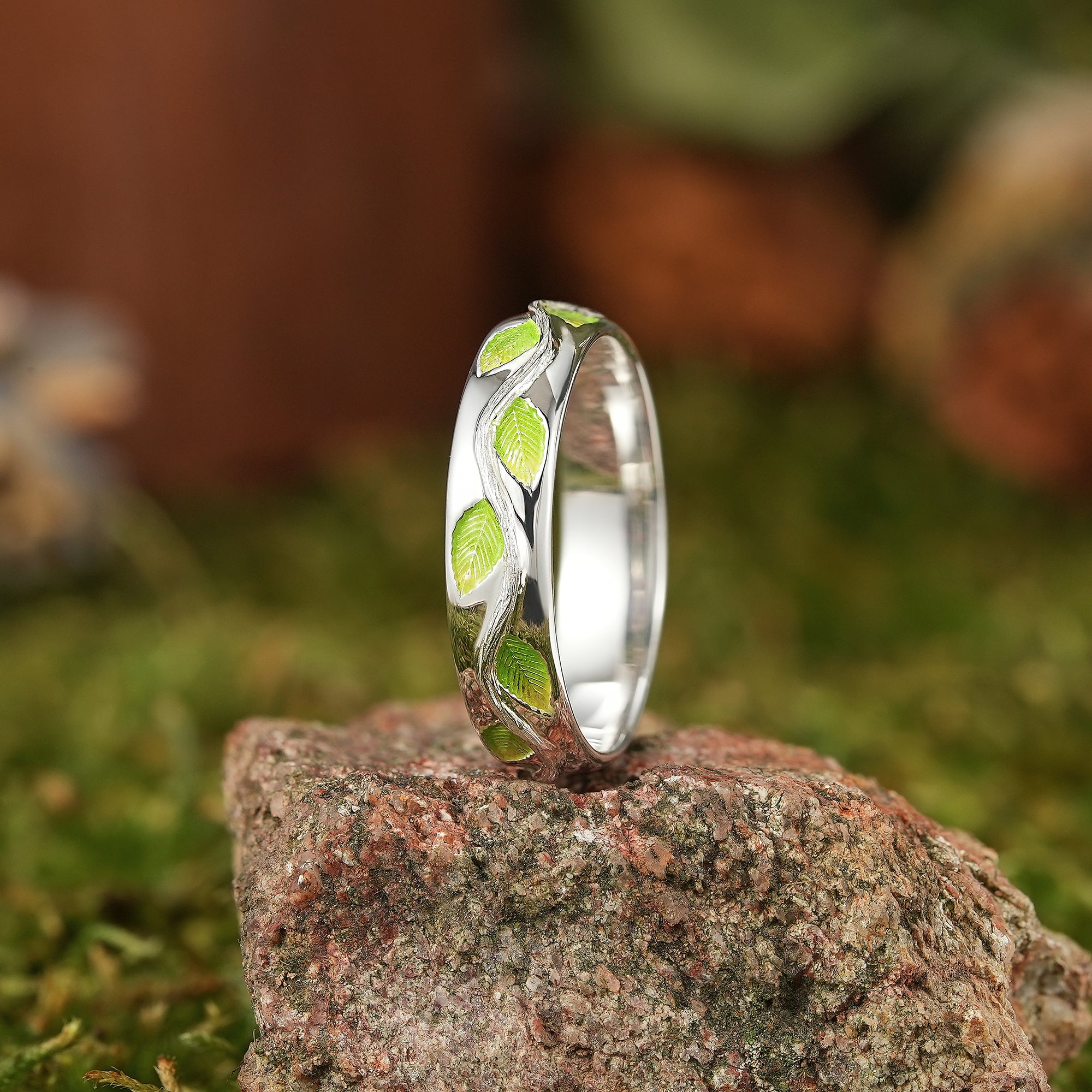 LCCjewelry | Nature Inspired Green Leaf Enamel Wedding Band - LCCjewelry