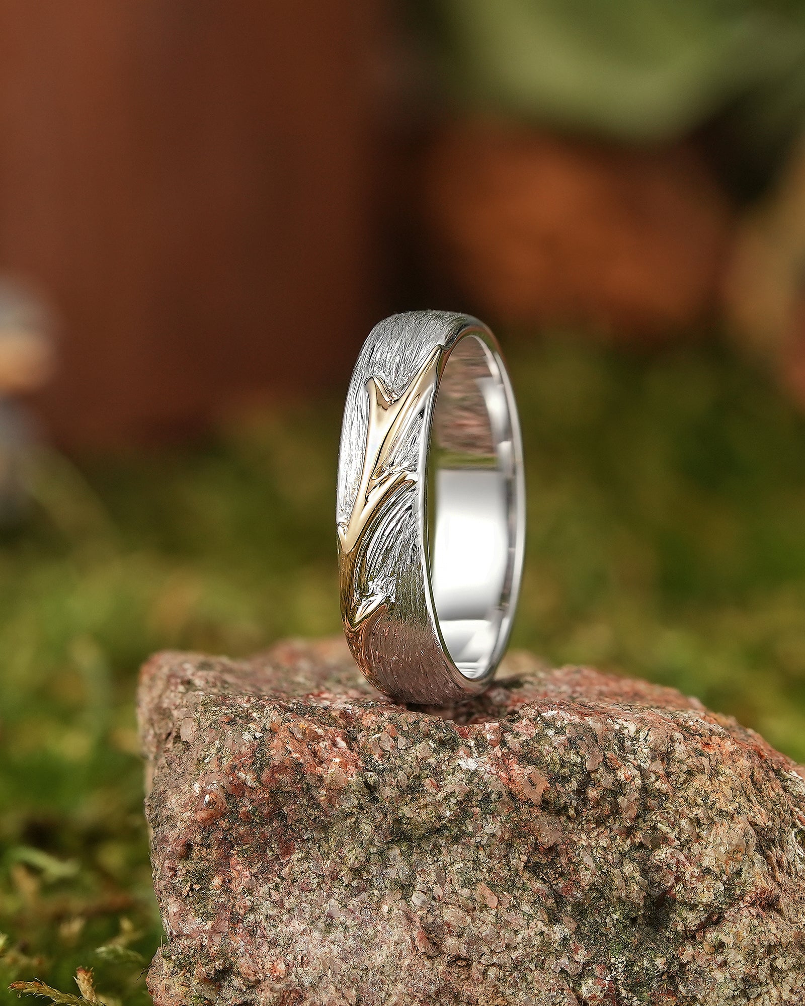 White Gold Rustic Wood Grain Wedding Band with Yellow Gold Vine Detail - LCCjewelry
