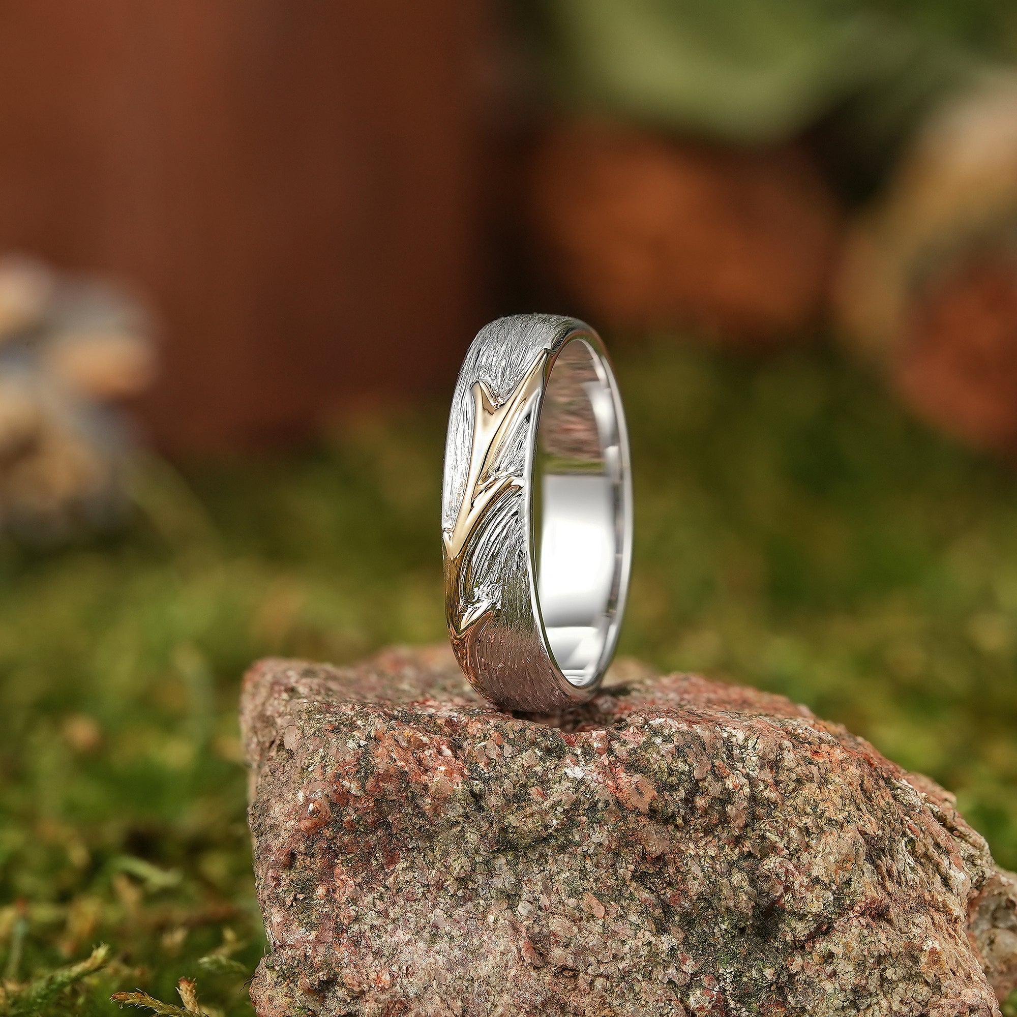 White Gold Rustic Wood Grain Wedding Band with Yellow Gold Vine Detail - LCCjewelry