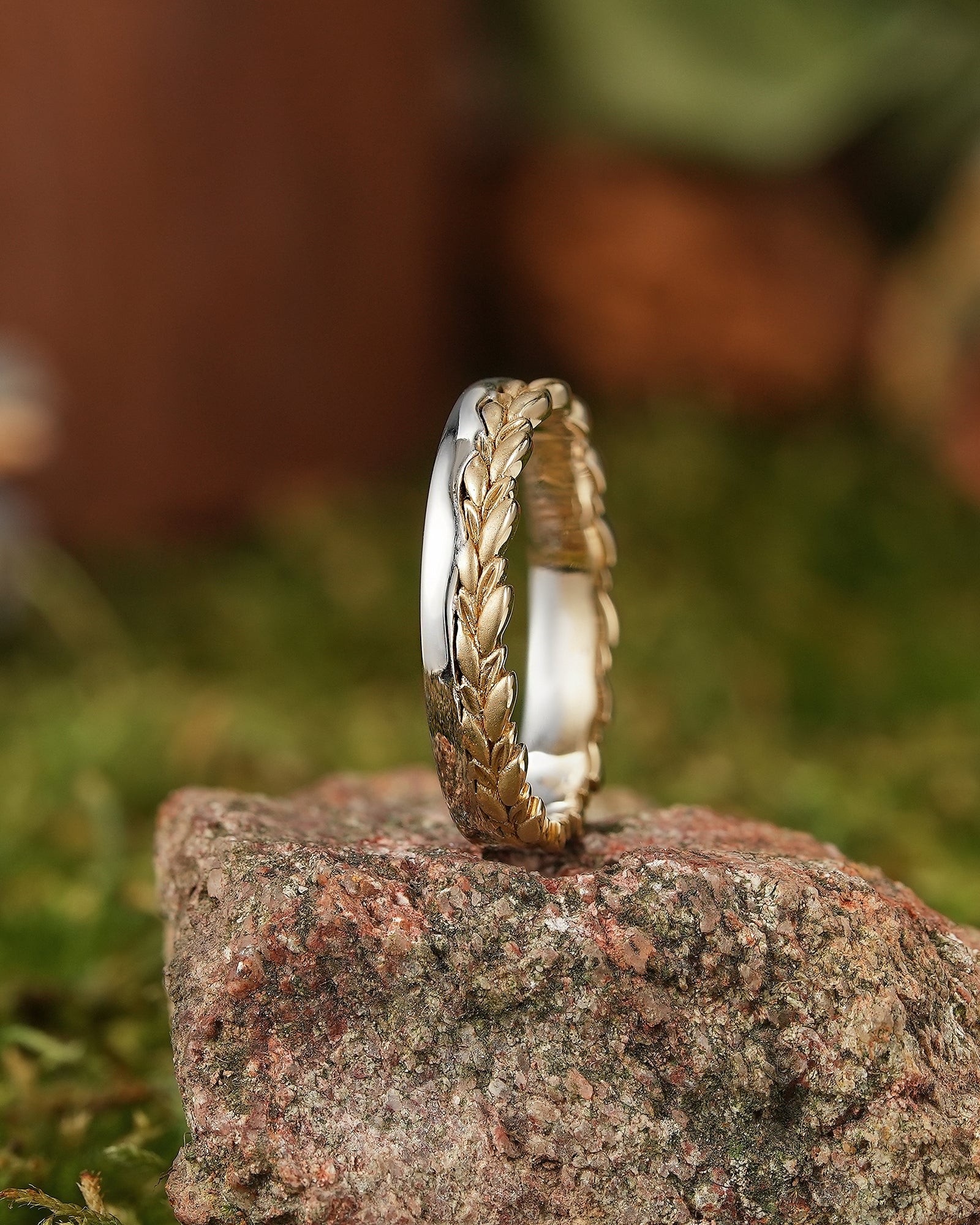 LCCjewelry | Nature Inspired Wheat Leaf Wedding Band - Unique Two Tone Design - LCCjewelry