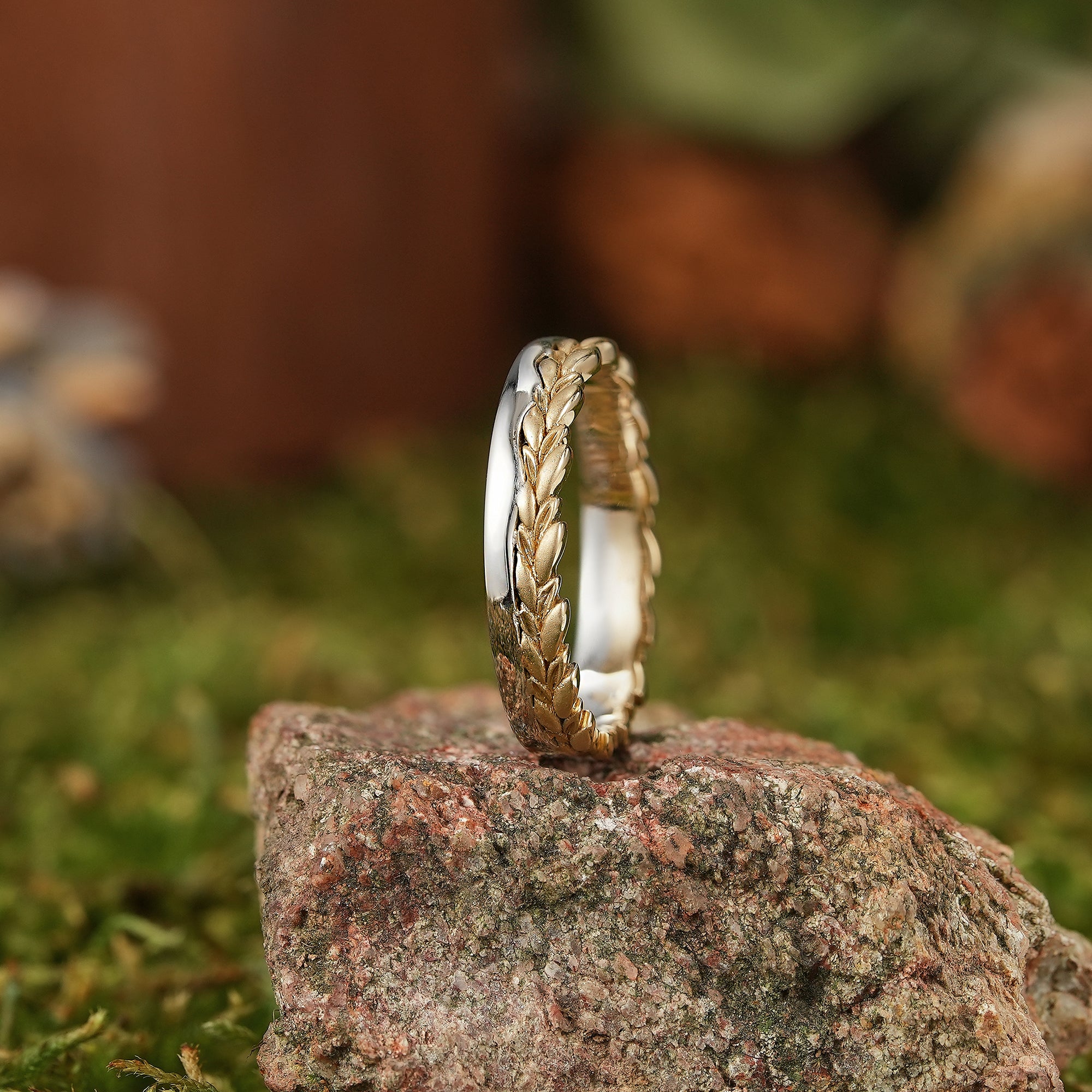 LCCjewelry | Nature Inspired Wheat Leaf Wedding Band - Unique Two Tone Design - LCCjewelry