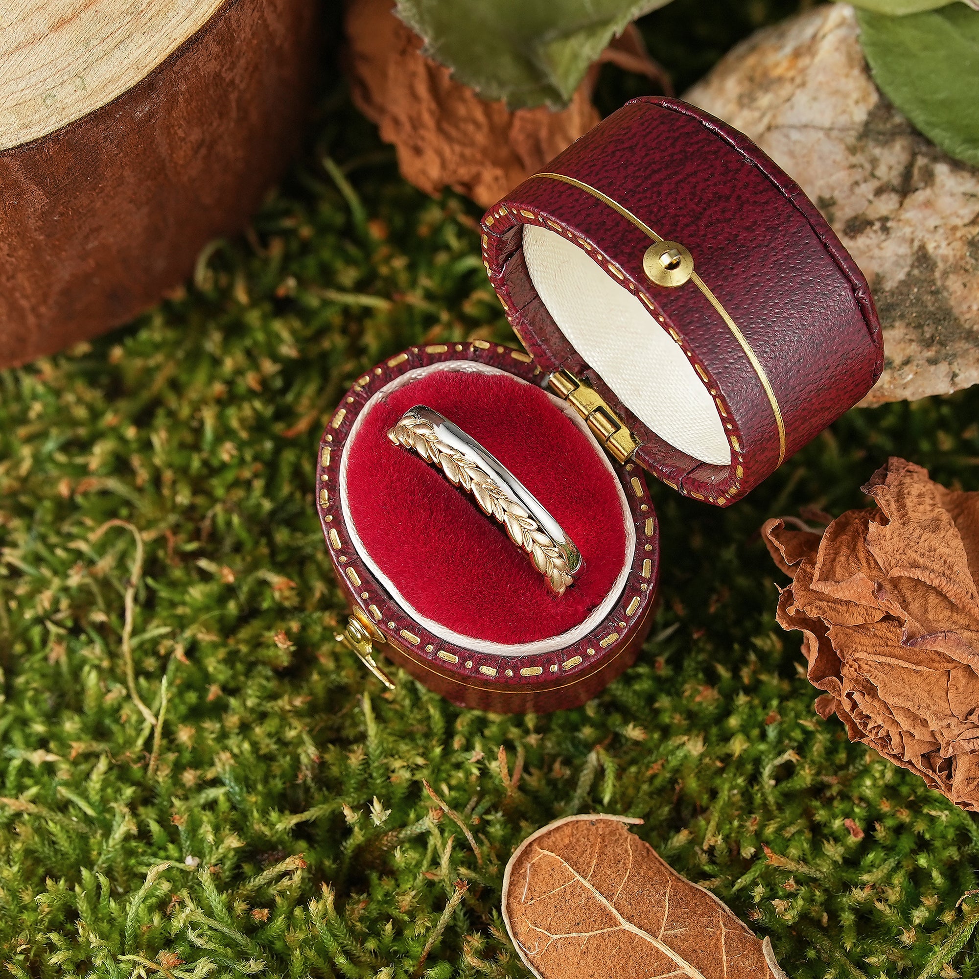 LCCjewelry | Nature Inspired Wheat Leaf Wedding Band - Unique Two Tone Design - LCCjewelry