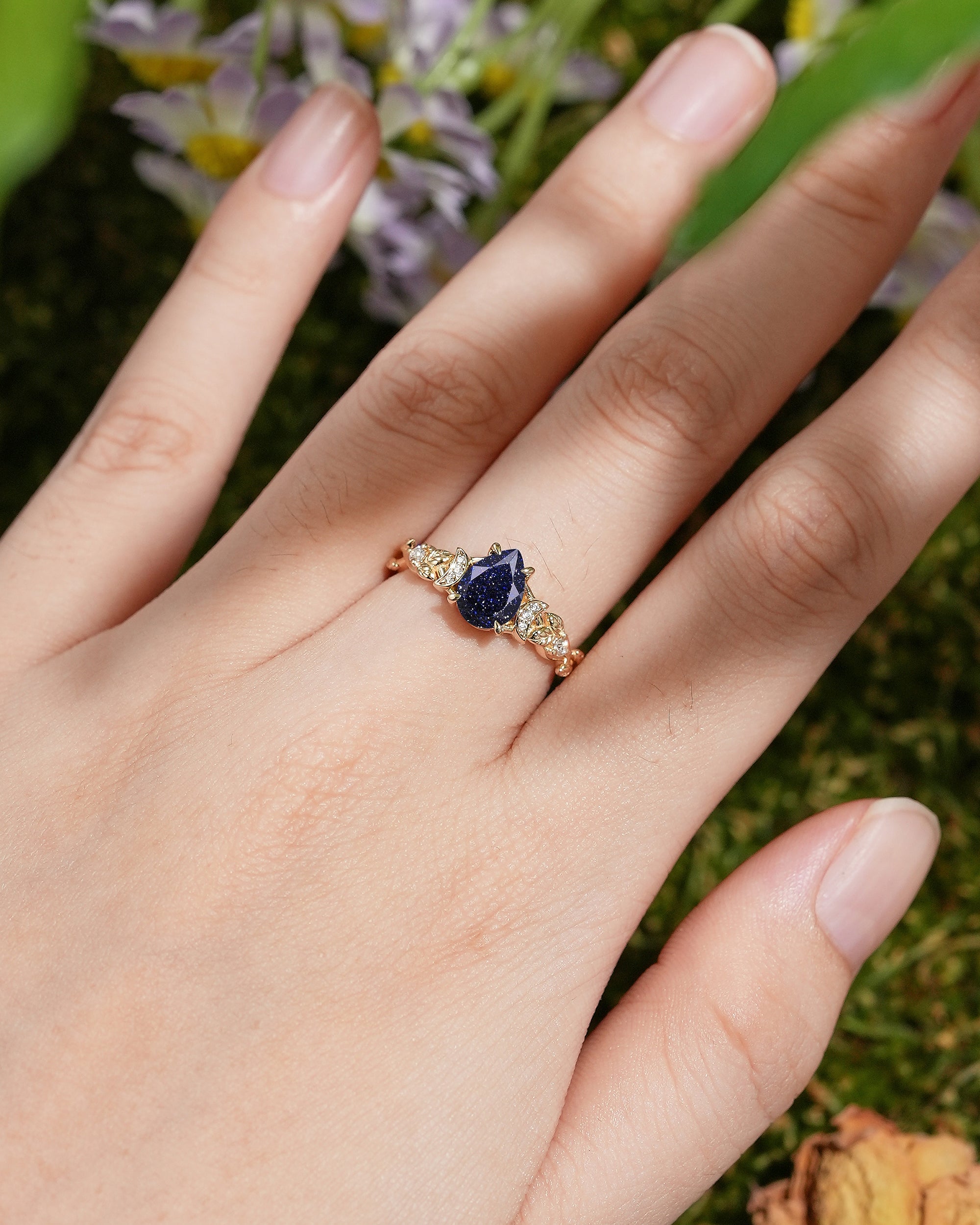 Unique Pear Cut Sandstone Leaf & Moon Design Engagement Ring - LCCjewelry