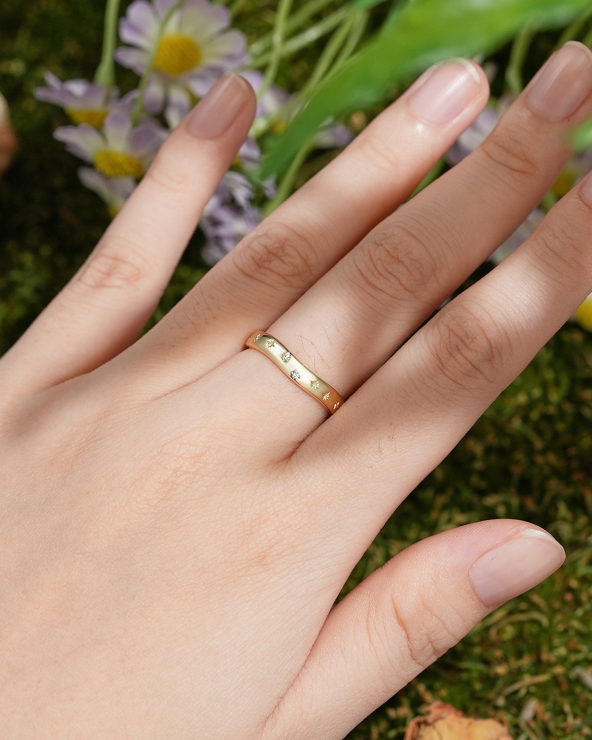 Delicate Yellow Gold Starburst Wedding Band with Moissanite - LCCjewelry