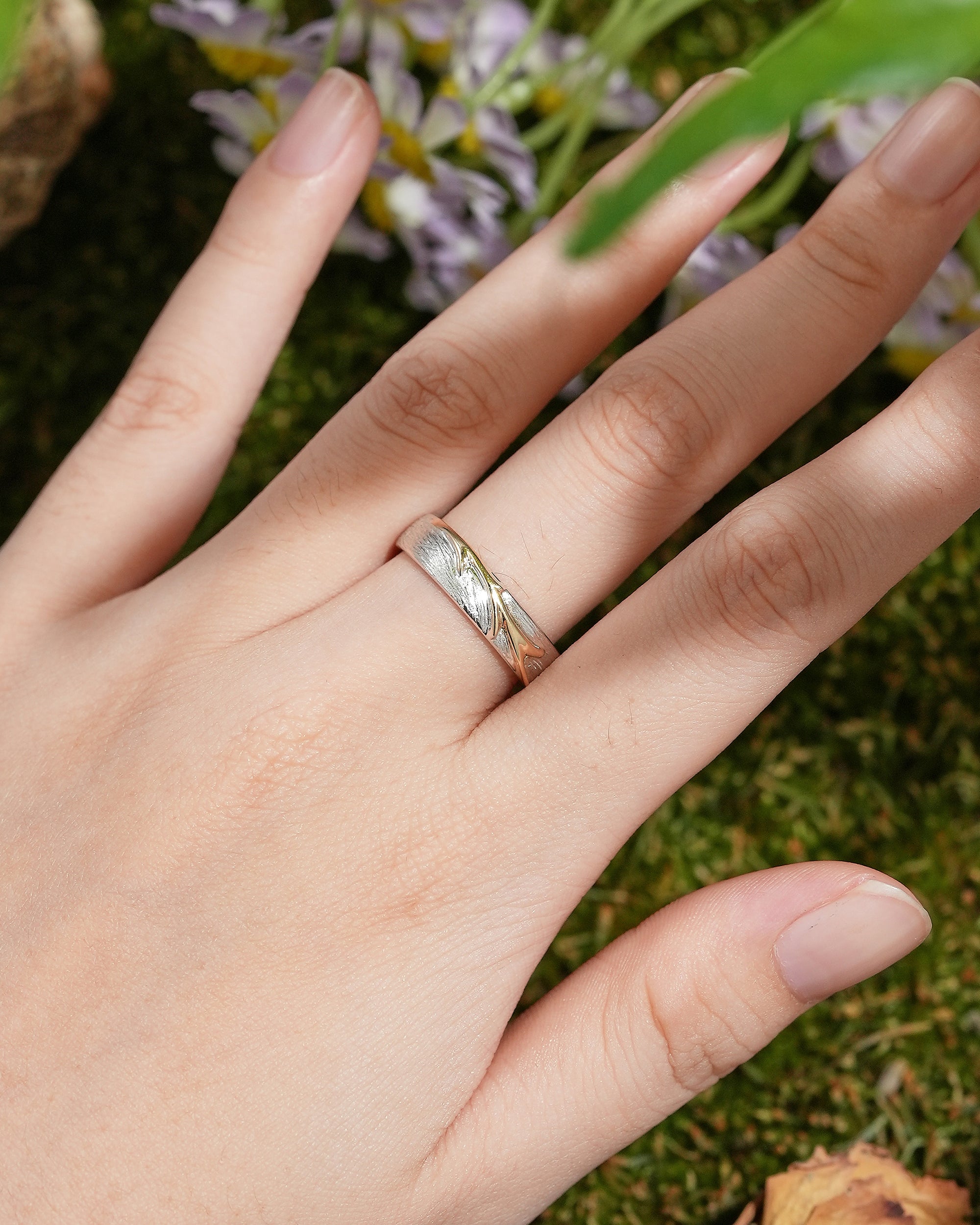 White Gold Rustic Wood Grain Wedding Band with Yellow Gold Vine Detail - LCCjewelry