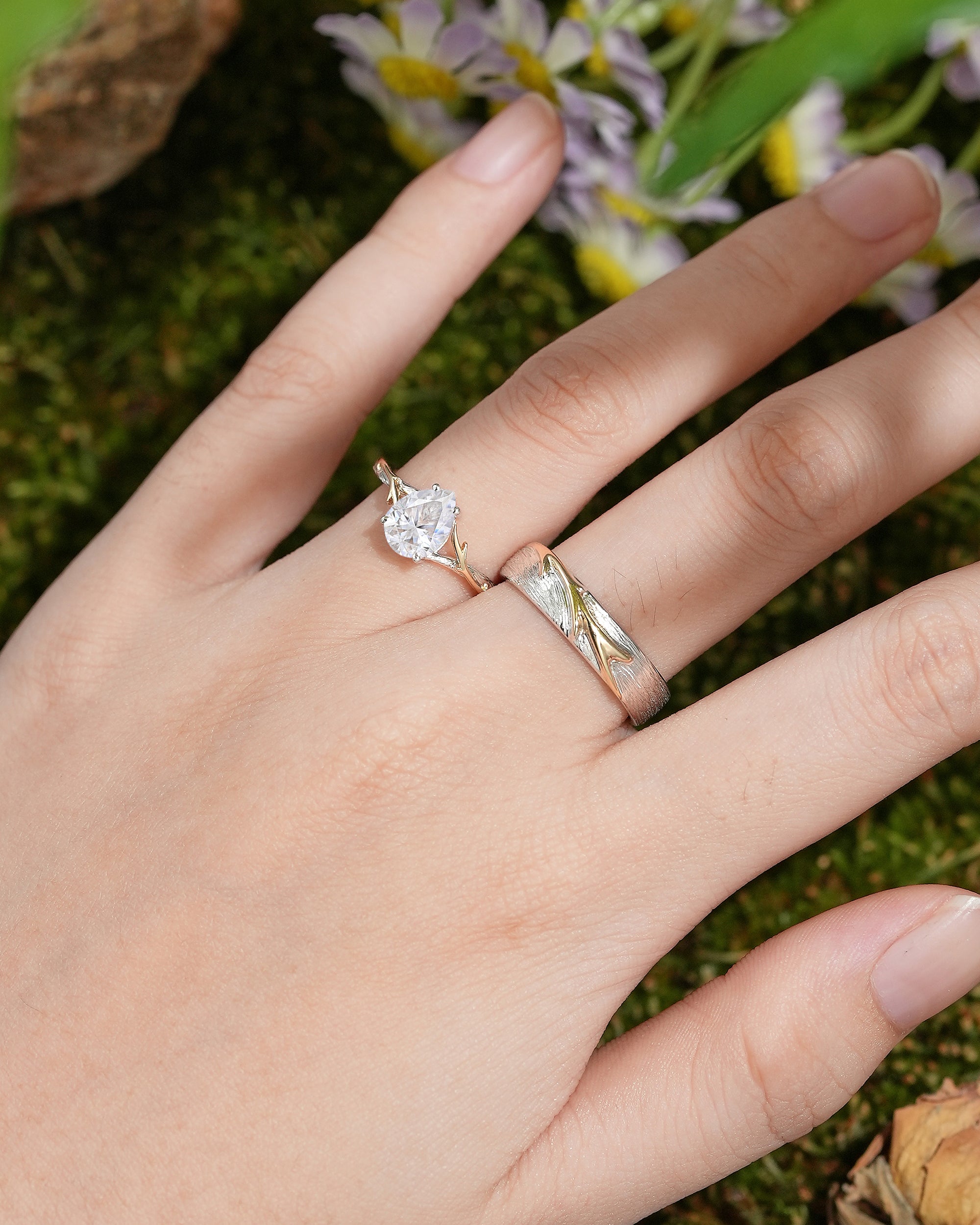 Unique Forest Wedding Ring Set - Yellow Gold Vine on White Gold Bark - LCCjewelry