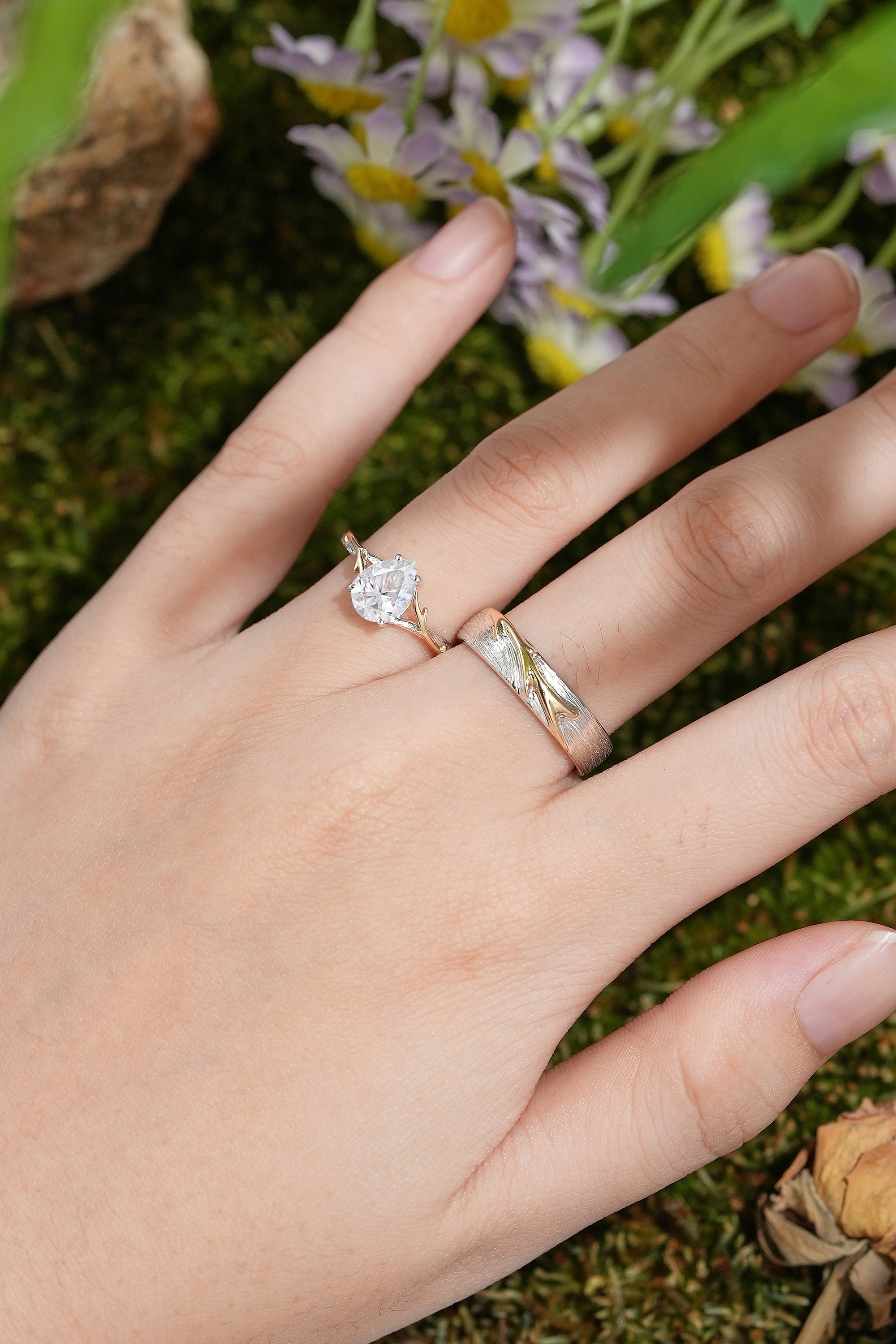 Unique Forest Wedding Ring Set - Yellow Gold Vine on White Gold Bark - LCCjewelry