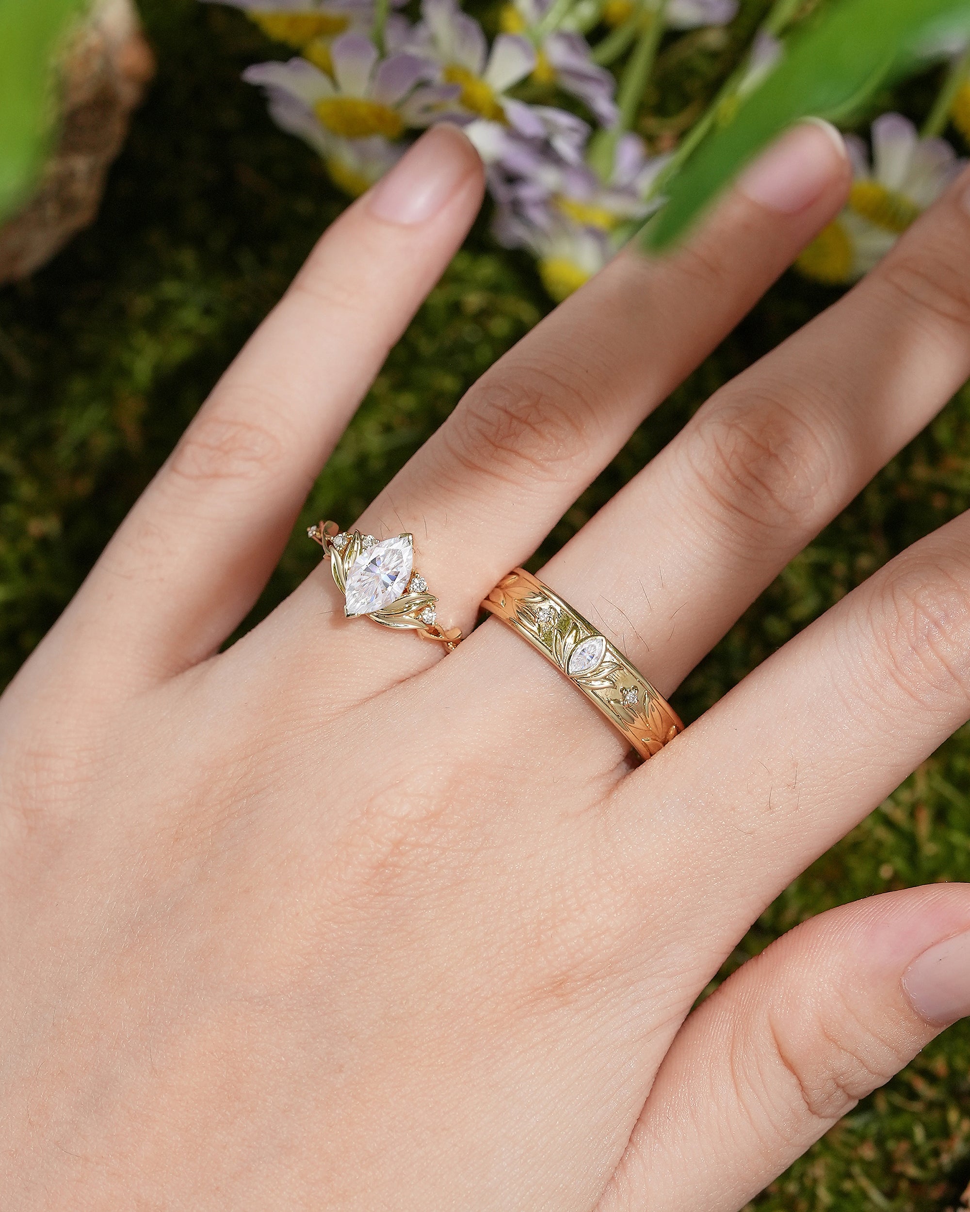 Nature Inspired Floral Couple Rings - Lotus Design - LCCjewelry