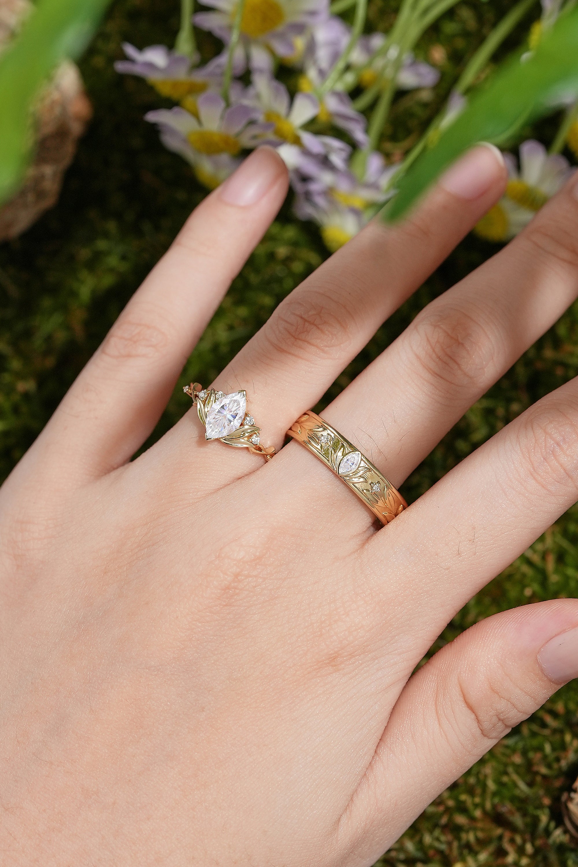 Nature Inspired Floral Couple Rings - Lotus Design - LCCjewelry