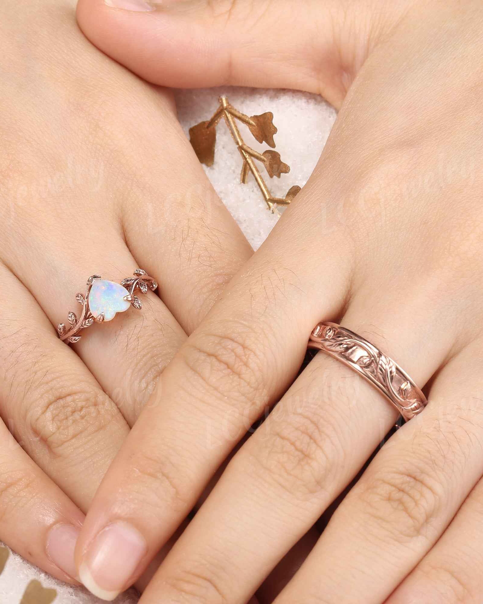 LCCjewelry | Heart Cut Natural Opal Couple Rings Leaf Design Wedding Ring Set