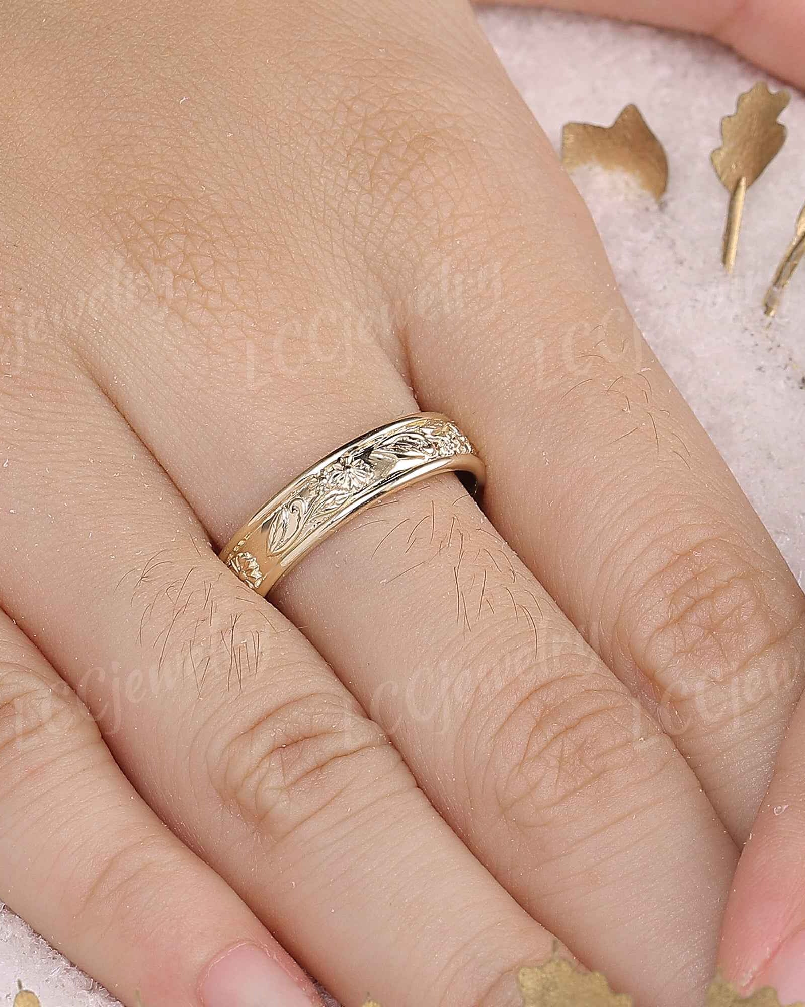 Floral Inspired | Daisy Design Wedding Band April Birth Flower