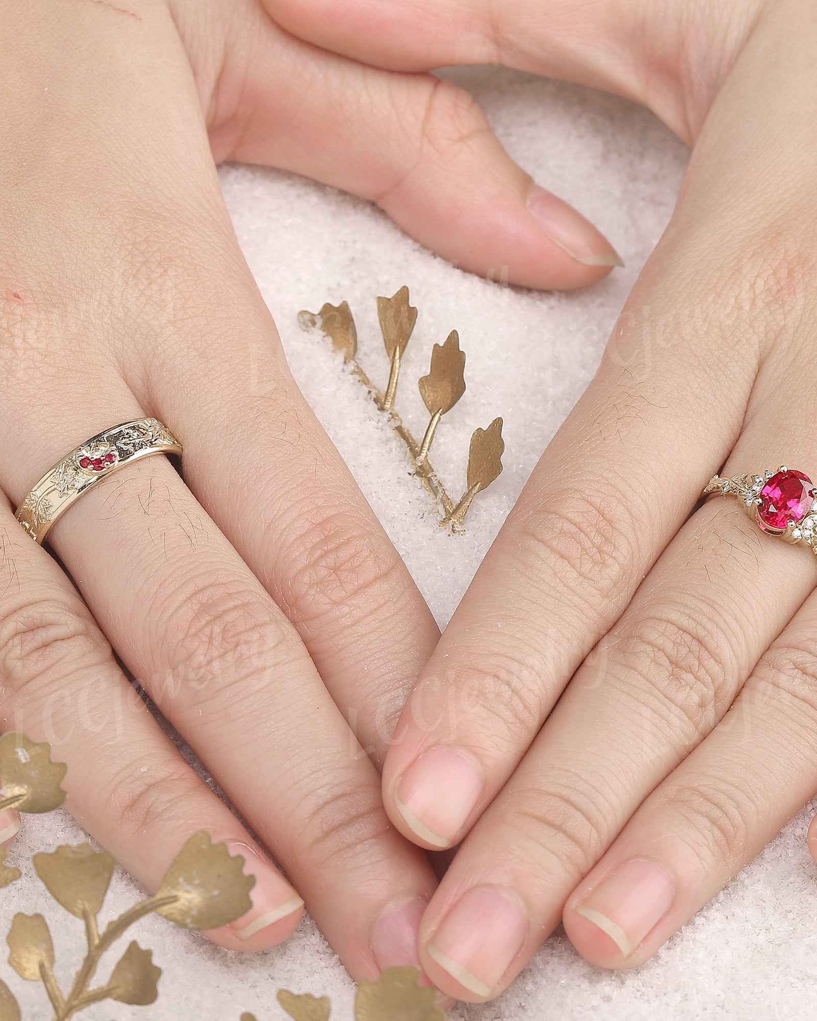 Leaf Inspired| Ruby Moon & Maple Leaf Couple Ring Set 2pcs