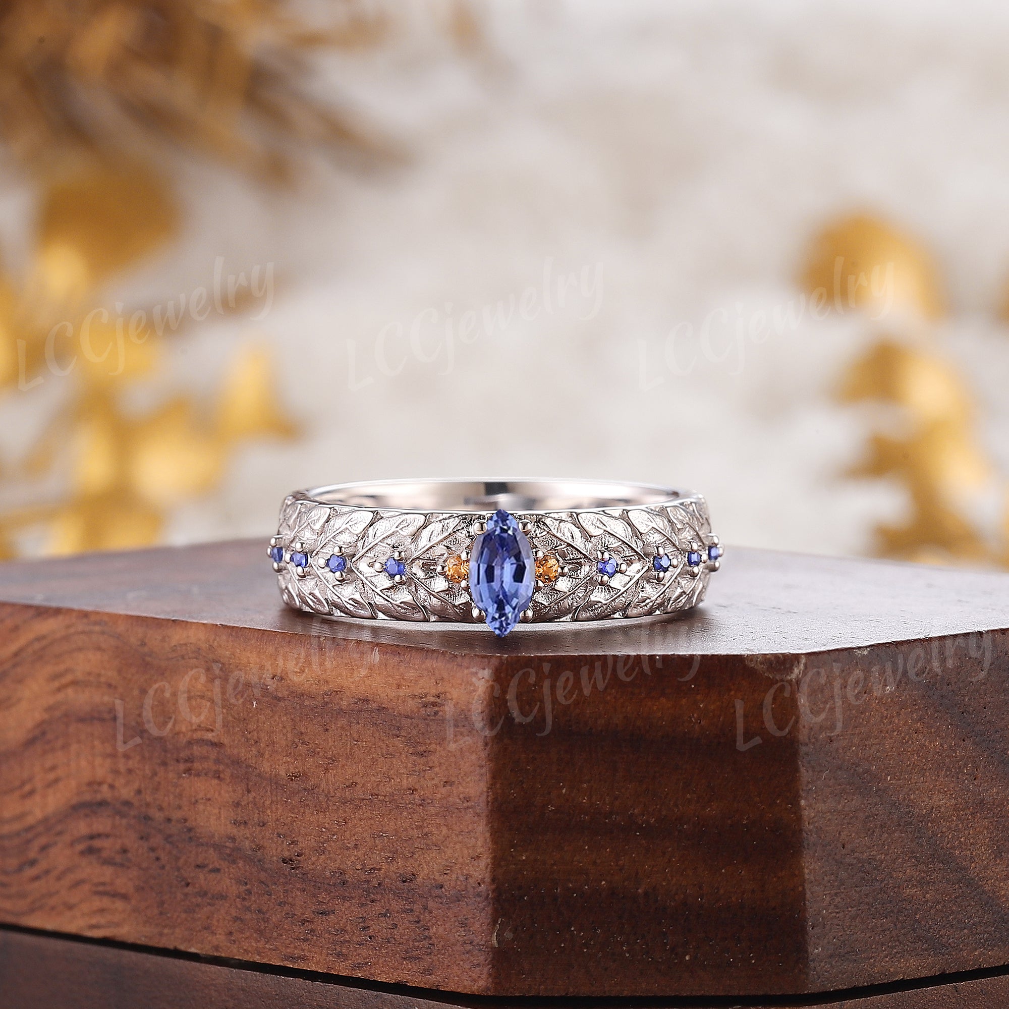 LCCjewelry | Unique White Gold Sapphire Laurel Leaf Men's Wedding Band - LCCjewelry