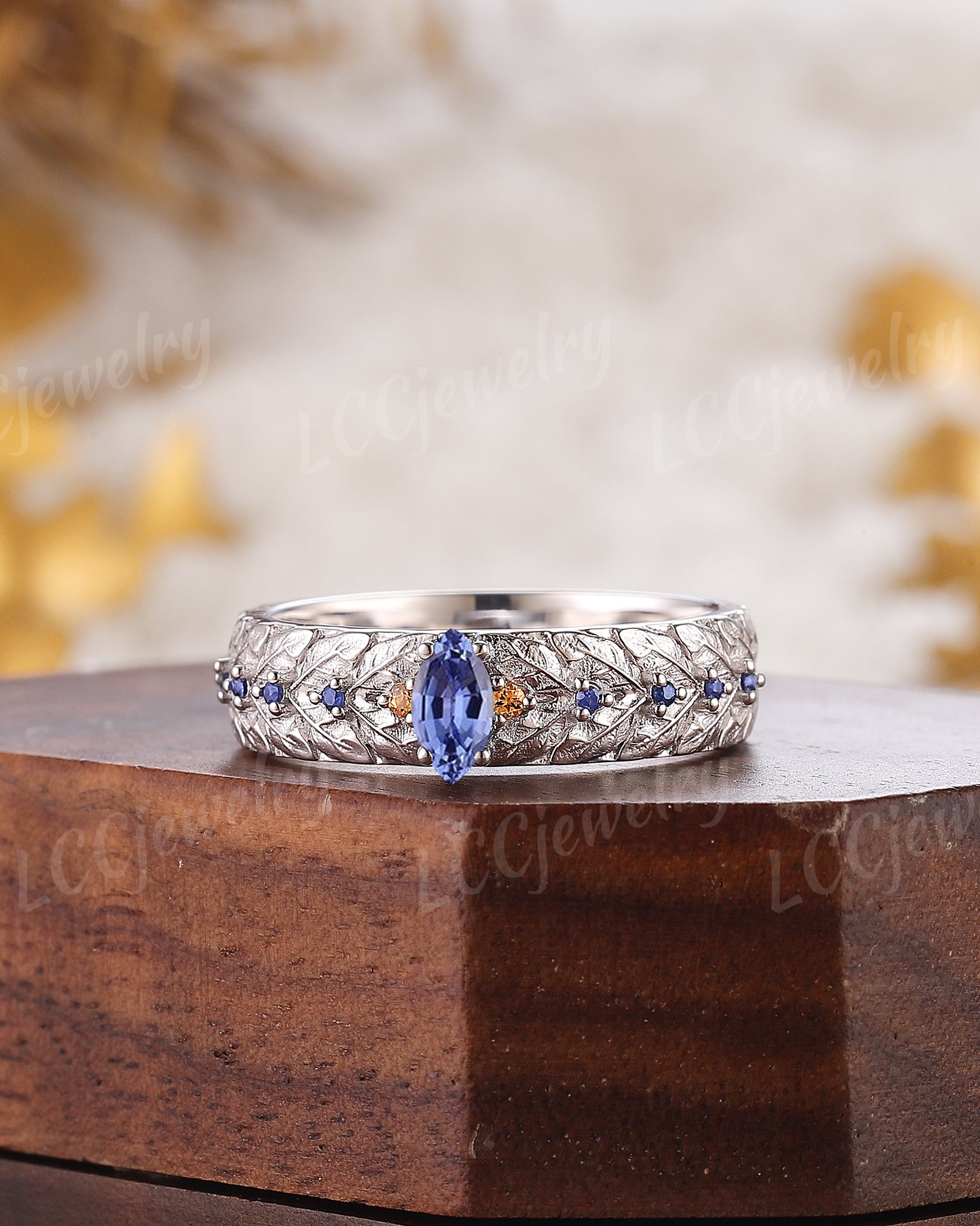 LCCjewelry | Unique White Gold Sapphire Laurel Leaf Men's Wedding Band - LCCjewelry
