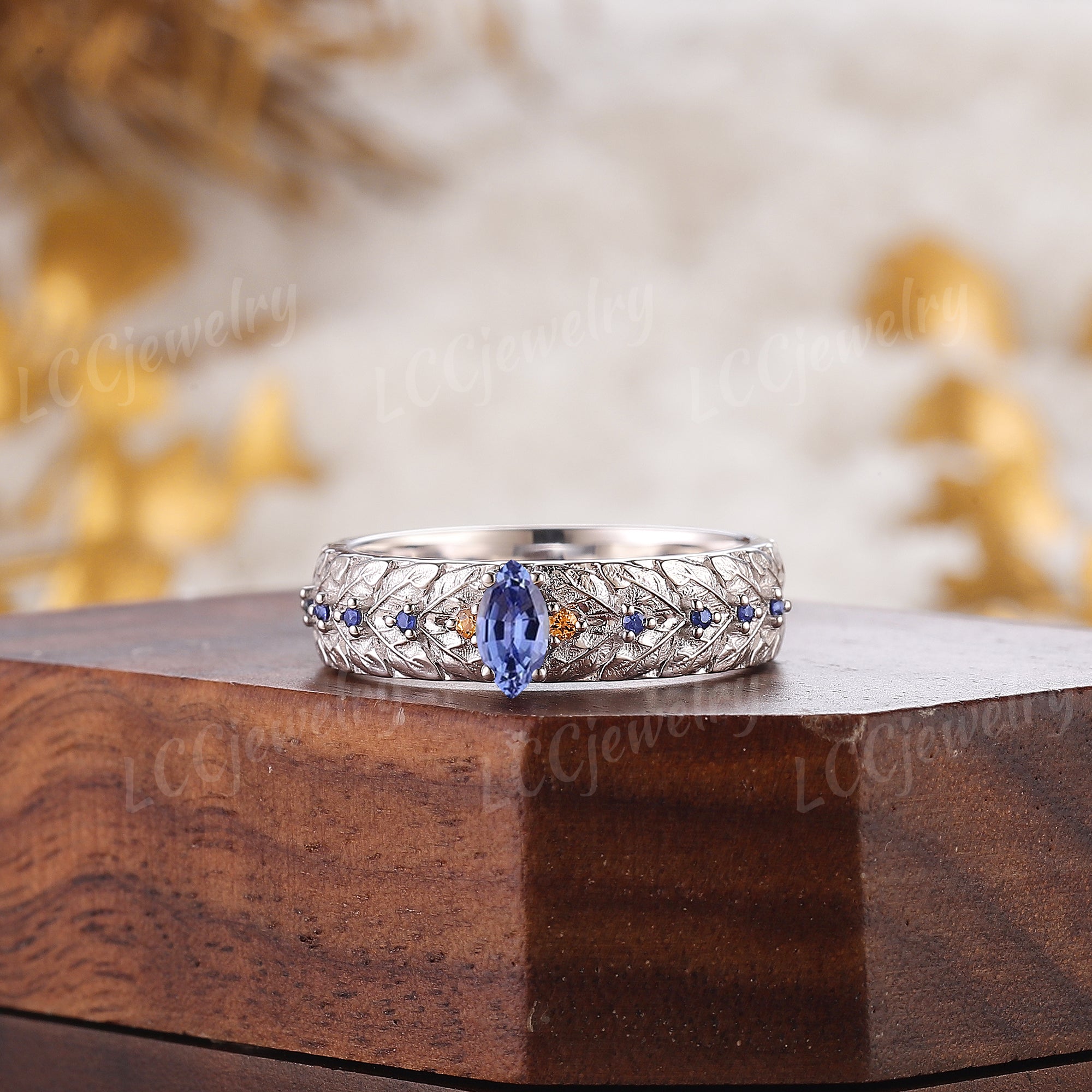 LCCjewelry | Unique White Gold Sapphire Laurel Leaf Men's Wedding Band - LCCjewelry
