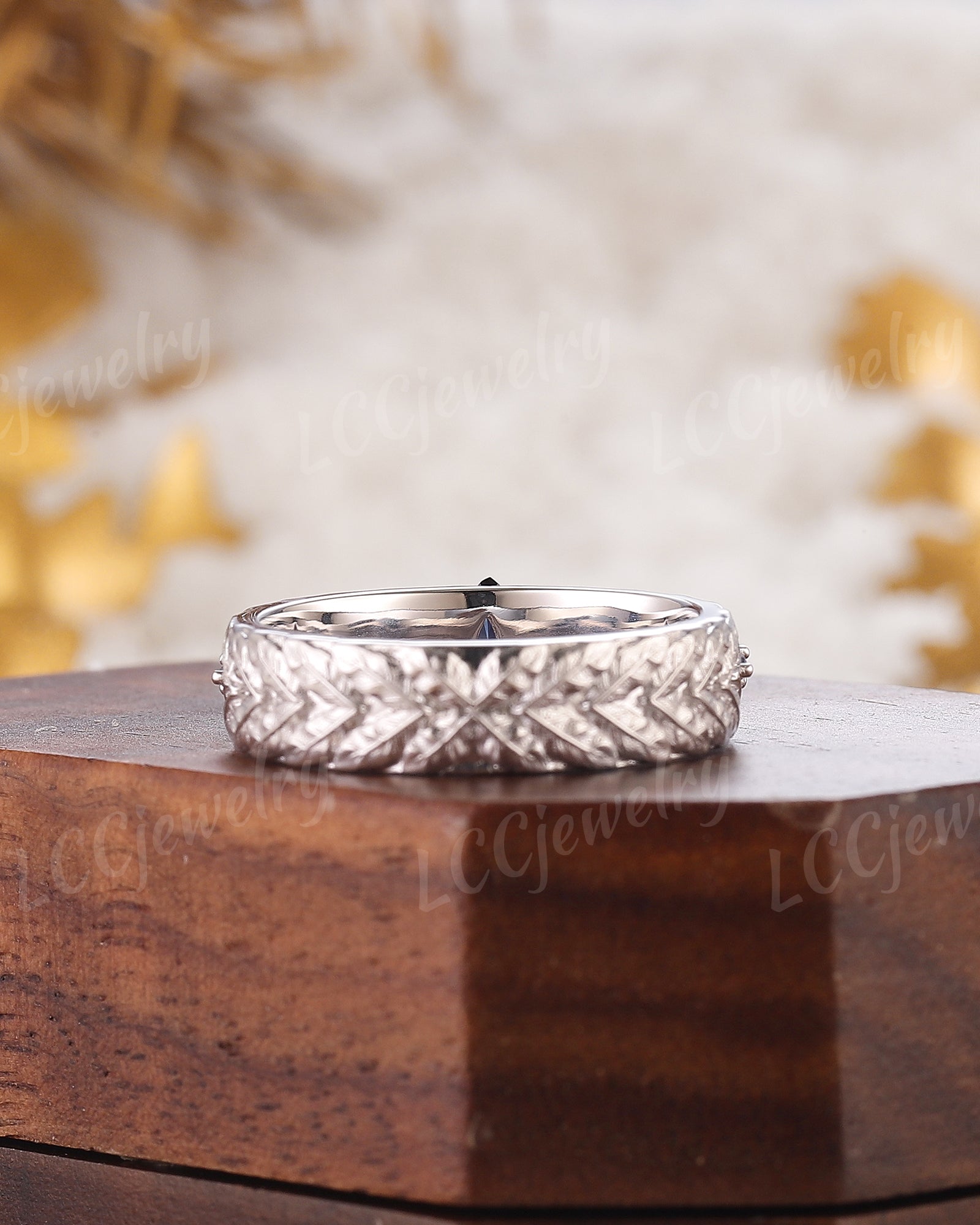 LCCjewelry | Unique White Gold Sapphire Laurel Leaf Men's Wedding Band - LCCjewelry