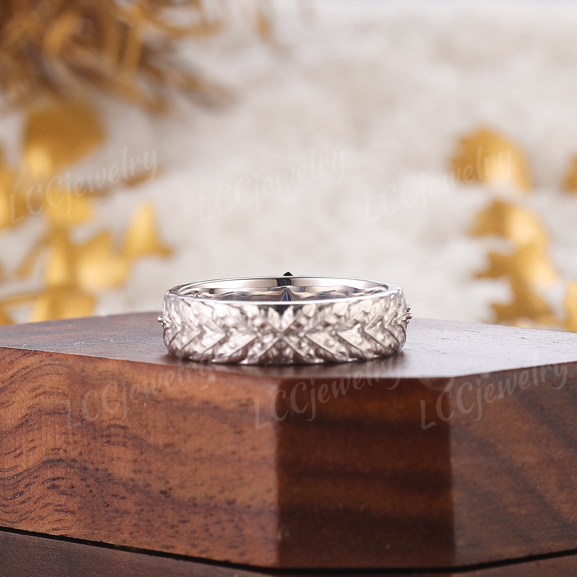 LCCjewelry | Unique White Gold Sapphire Laurel Leaf Men's Wedding Band - LCCjewelry