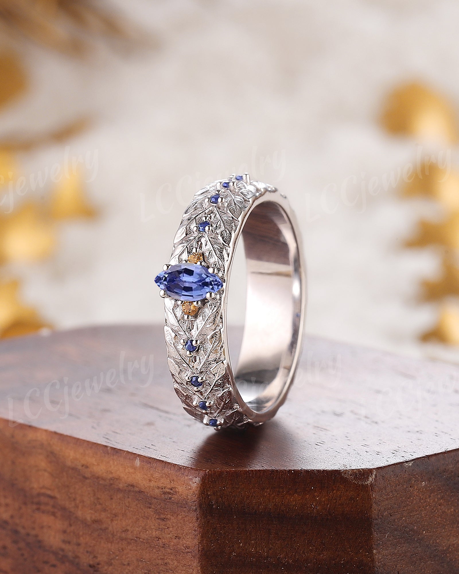 LCCjewelry | Unique White Gold Sapphire Laurel Leaf Men's Wedding Band - LCCjewelry