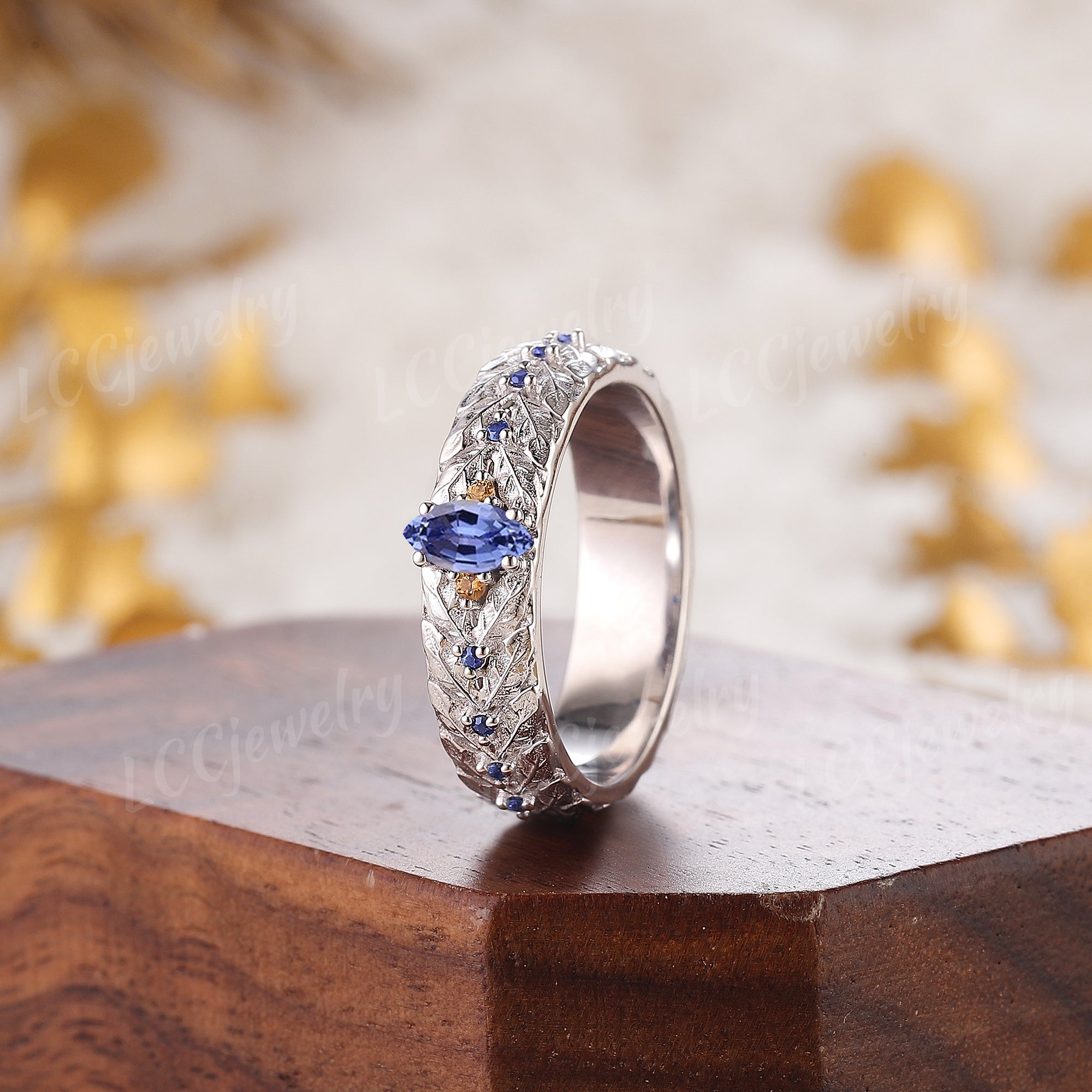 LCCjewelry | Unique White Gold Sapphire Laurel Leaf Men's Wedding Band - LCCjewelry