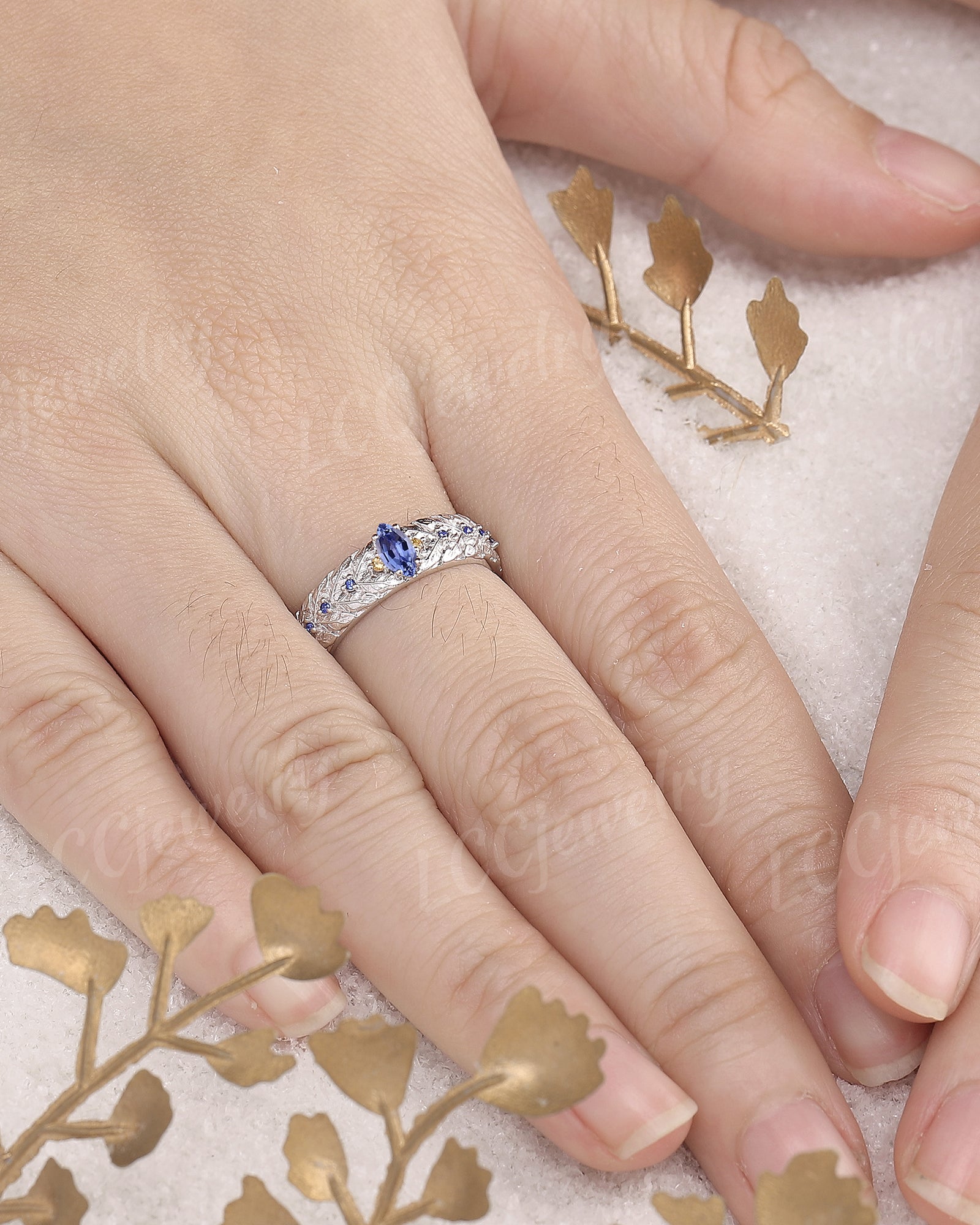 LCCjewelry | Unique White Gold Sapphire Laurel Leaf Men's Wedding Band - LCCjewelry