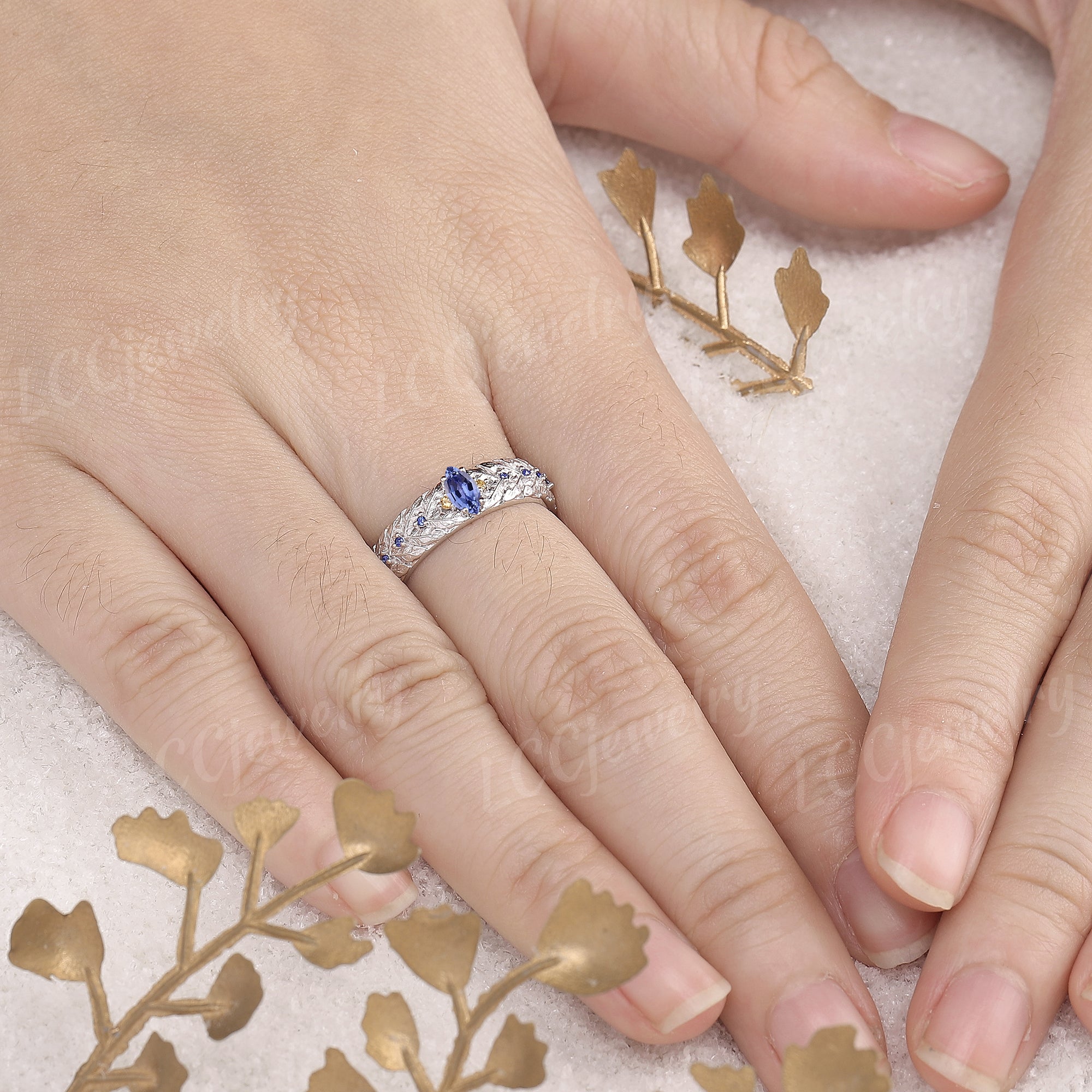 LCCjewelry | Unique White Gold Sapphire Laurel Leaf Men's Wedding Band - LCCjewelry