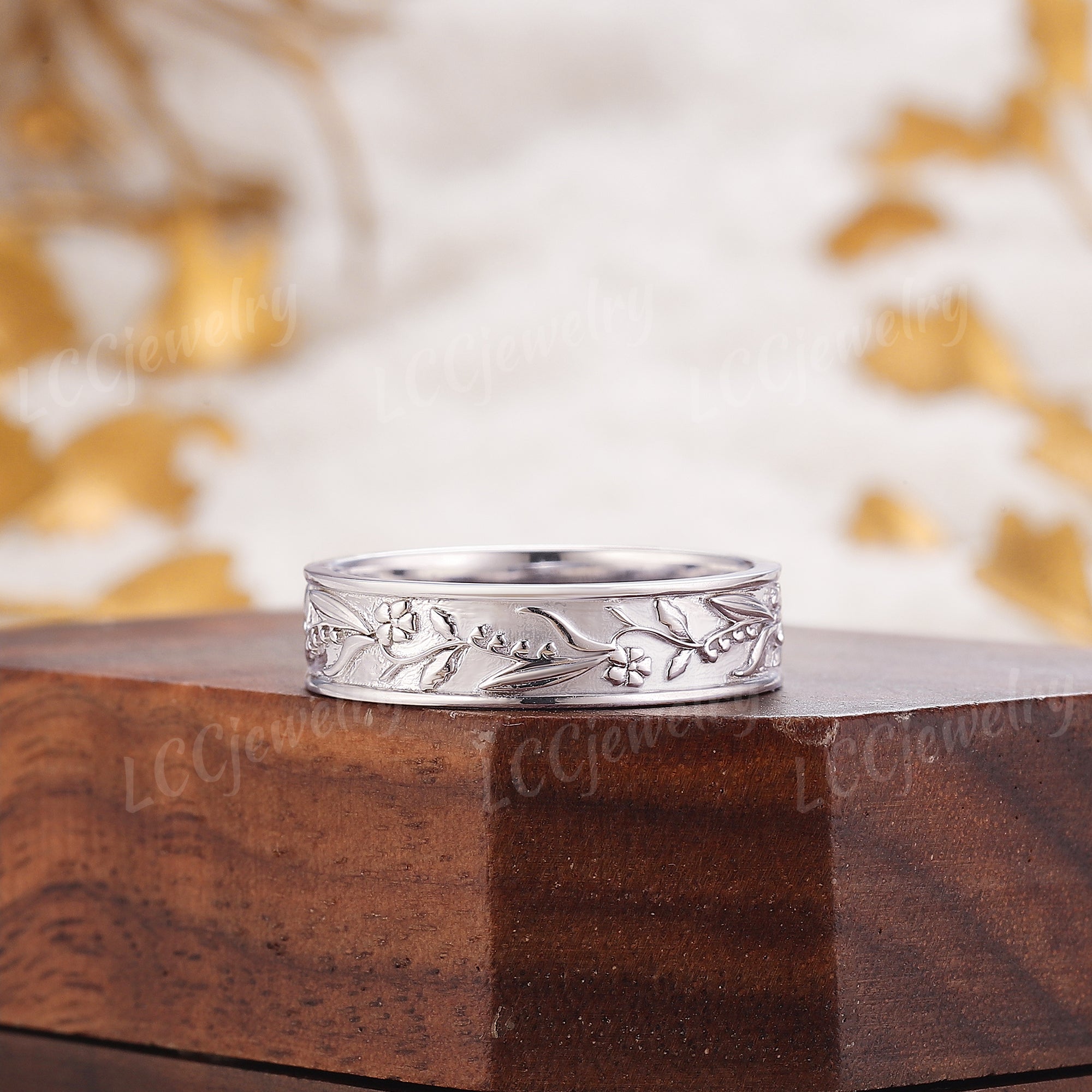 Flower Inspired | Violet and Lily Of The Valley Design Wedding Band Birth Flower White Gold Leaf Wedding Ring - LCCjewelry