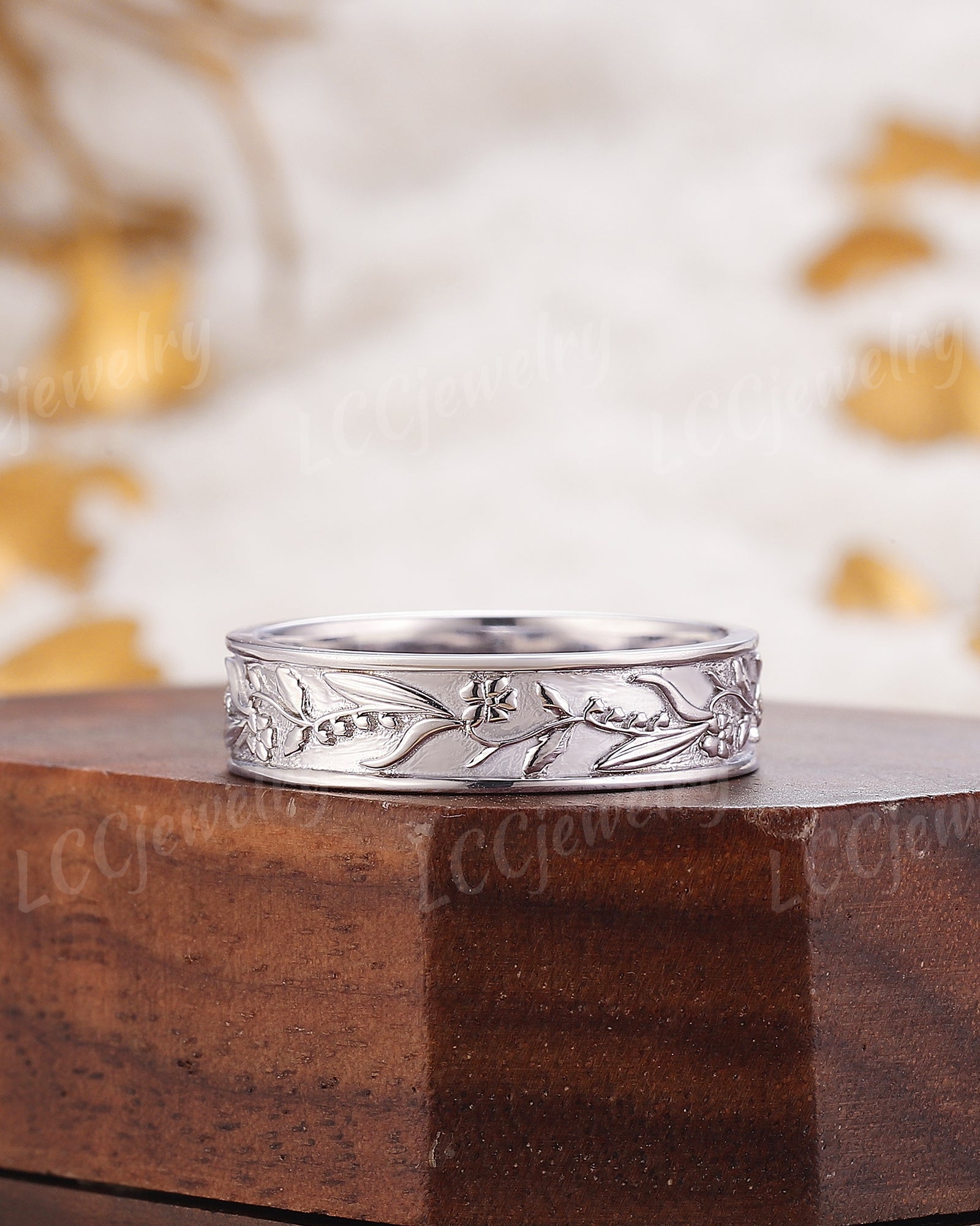 Flower Inspired | Violet and Lily Of The Valley Design Wedding Band Birth Flower White Gold Leaf Wedding Ring - LCCjewelry