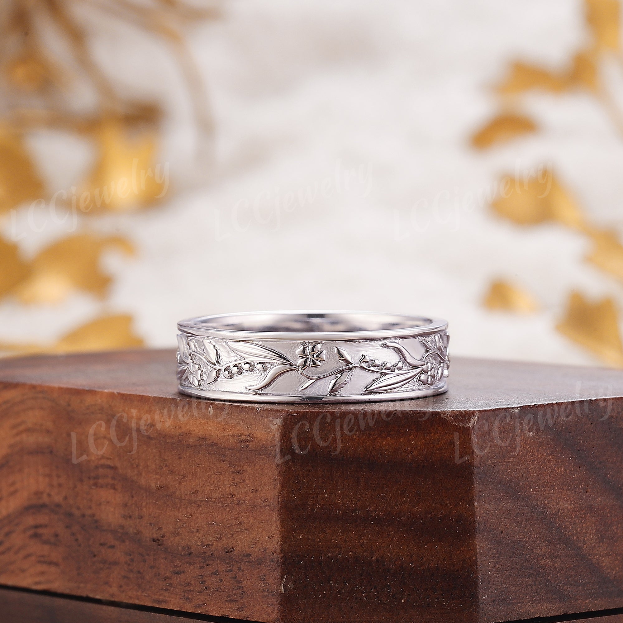 Flower Inspired | Violet and Lily Of The Valley Design Wedding Band Birth Flower White Gold Leaf Wedding Ring - LCCjewelry