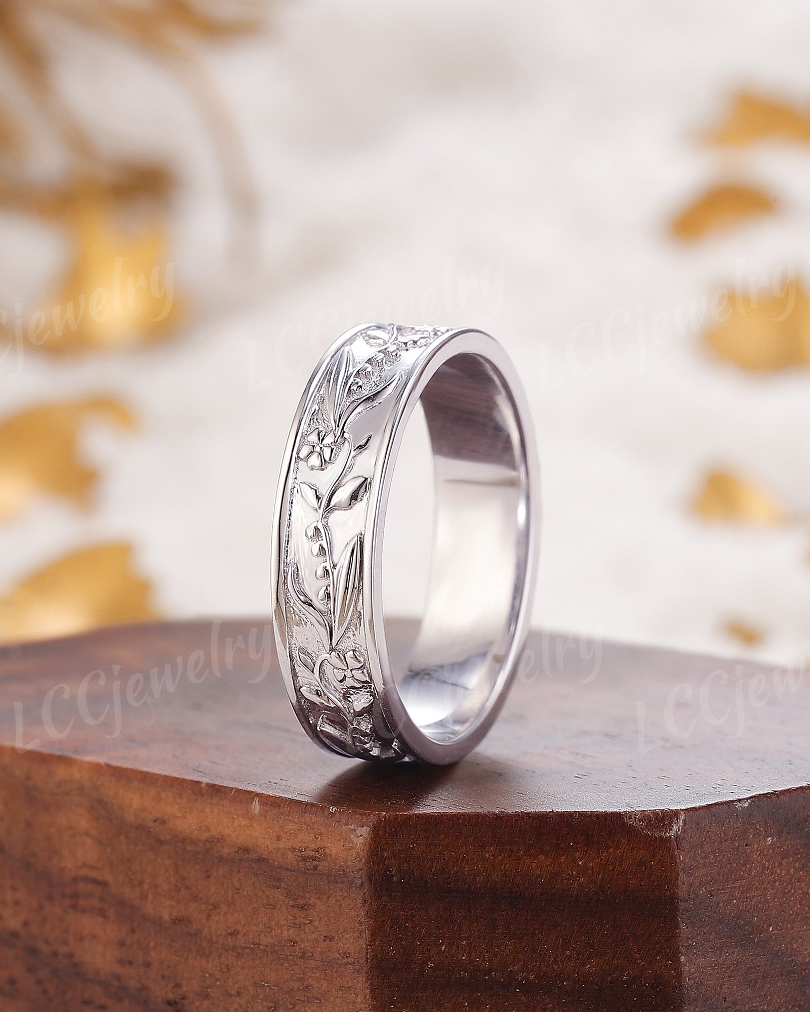 Flower Inspired | Violet and Lily Of The Valley Design Wedding Band Birth Flower White Gold Leaf Wedding Ring - LCCjewelry