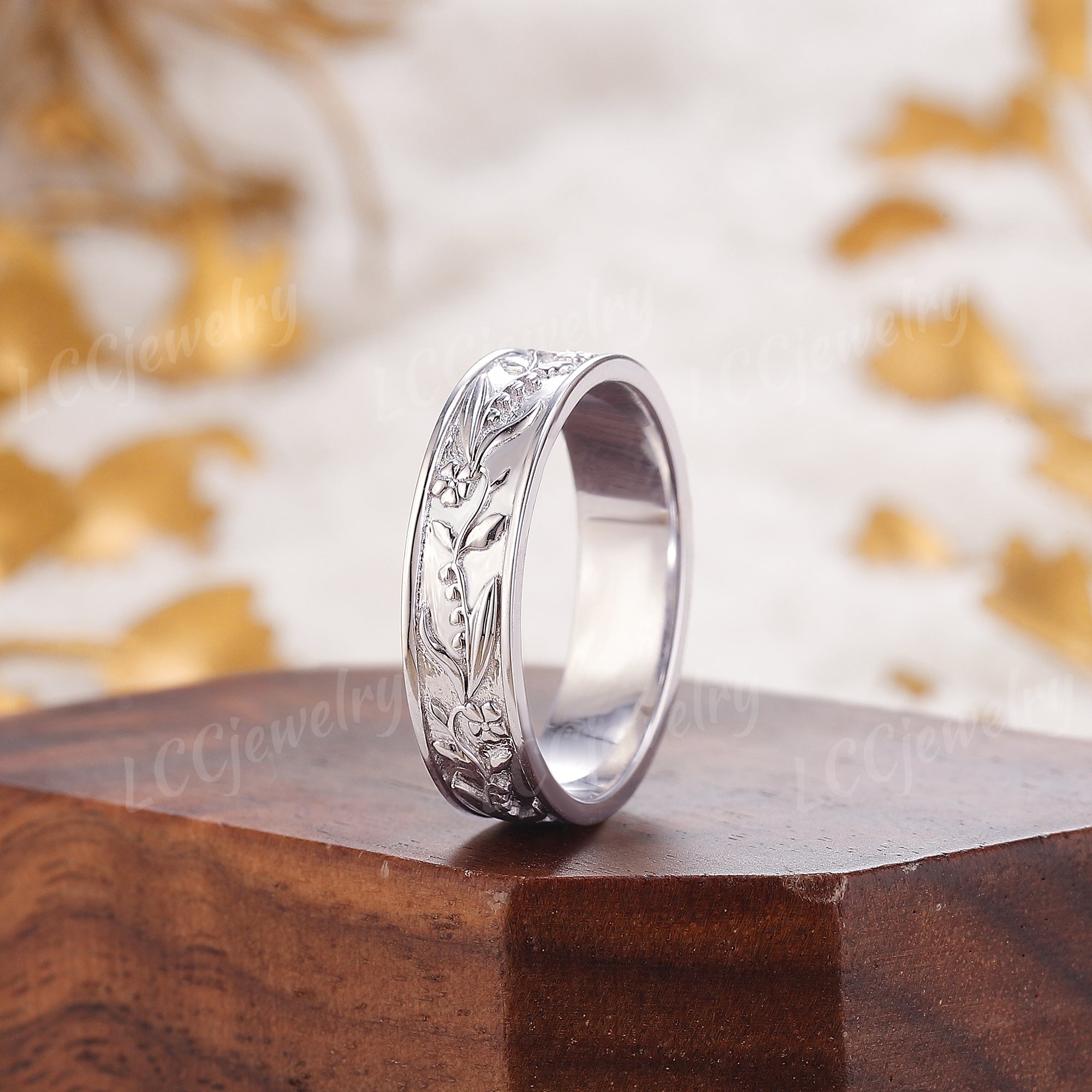 Flower Inspired | Violet and Lily Of The Valley Design Wedding Band Birth Flower White Gold Leaf Wedding Ring - LCCjewelry