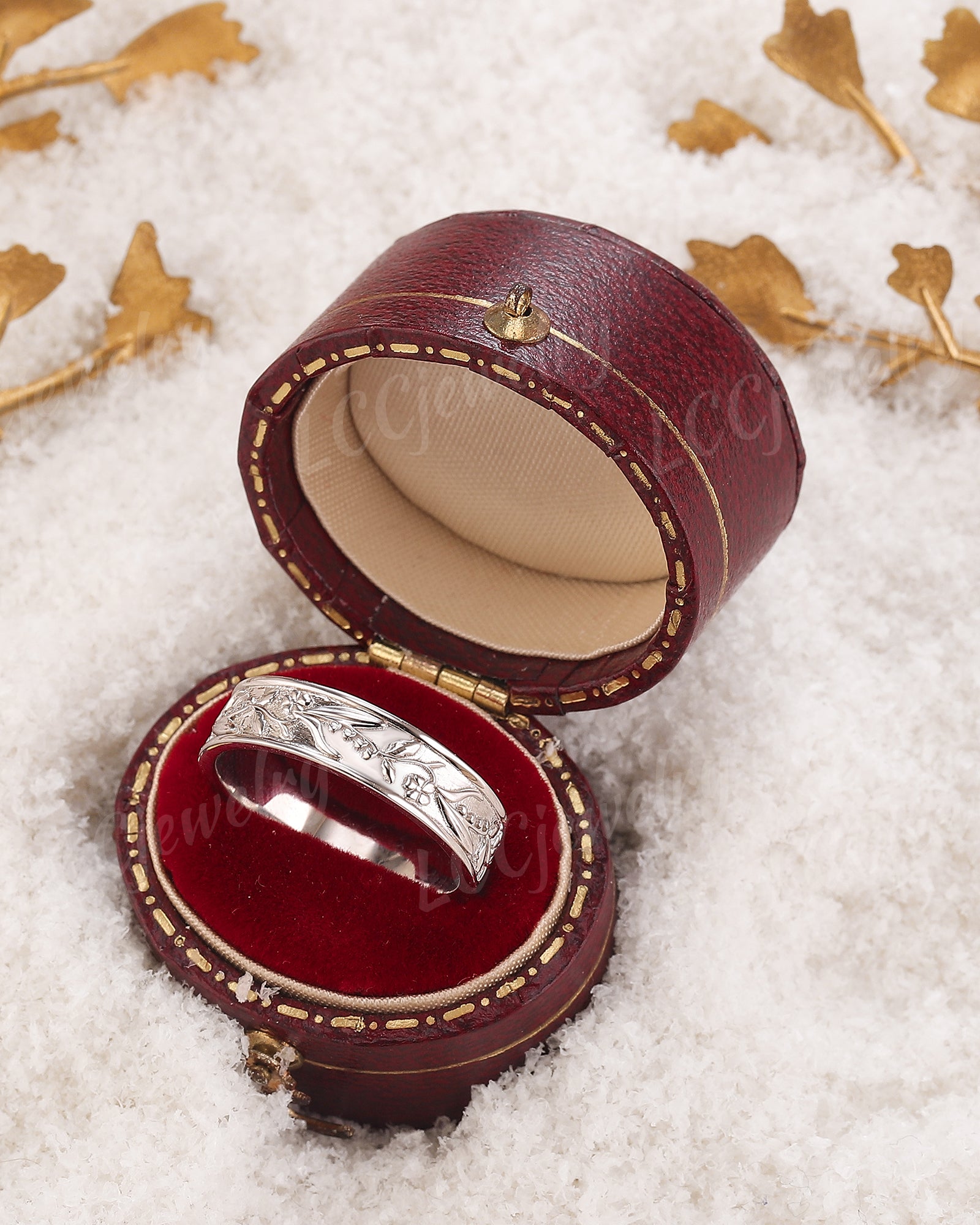 Flower Inspired | Violet and Lily Of The Valley Design Wedding Band Birth Flower White Gold Leaf Wedding Ring - LCCjewelry