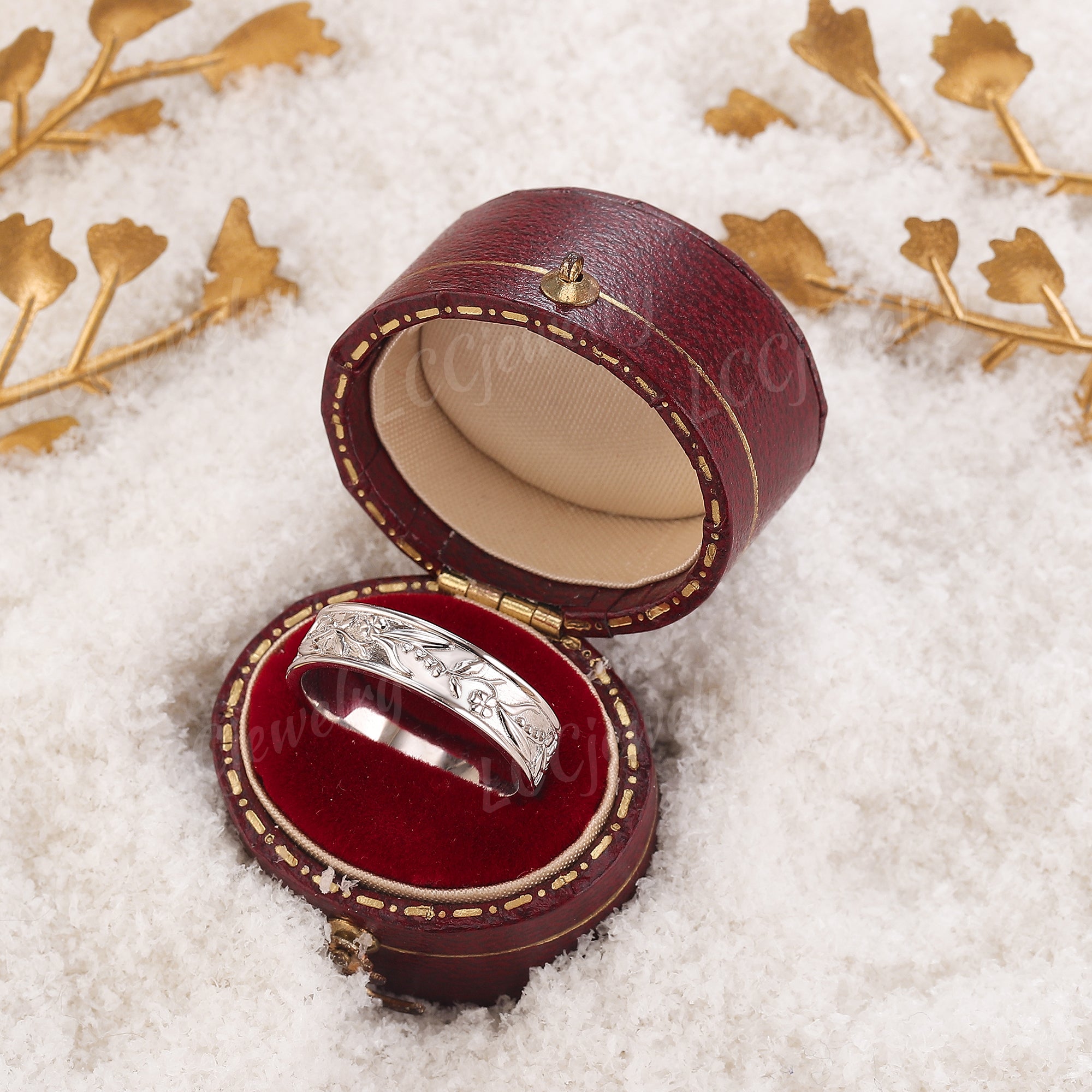 Flower Inspired | Violet and Lily Of The Valley Design Wedding Band Birth Flower White Gold Leaf Wedding Ring - LCCjewelry